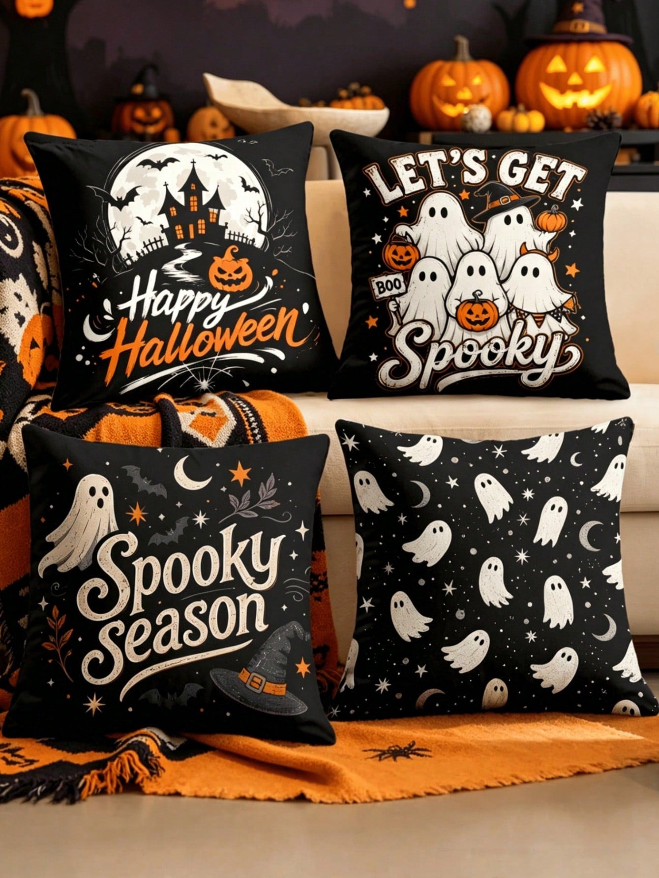 1/4pcs New Halloween Pattern Pillowcase, Halloween-Themed Cushion Cover, Decorative Pillowcase, Square Pillowcase, Halloween Decoration, Decorative Pillow, Suitable For Living Room, Sofa, And Bedroom