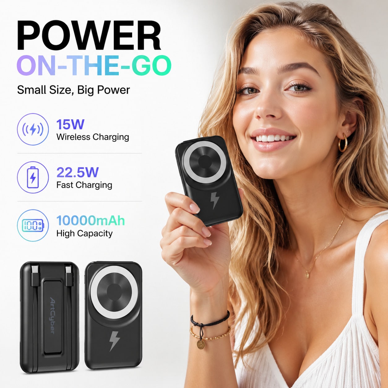 10000mAh Foldable Magnetic Charging Bank With Built-In Cables, 15W Wireless Charging 22.5W Wired Fast Charging LED Power Indicator, Travel Essentials Camping Essentials Back To School Supplies School