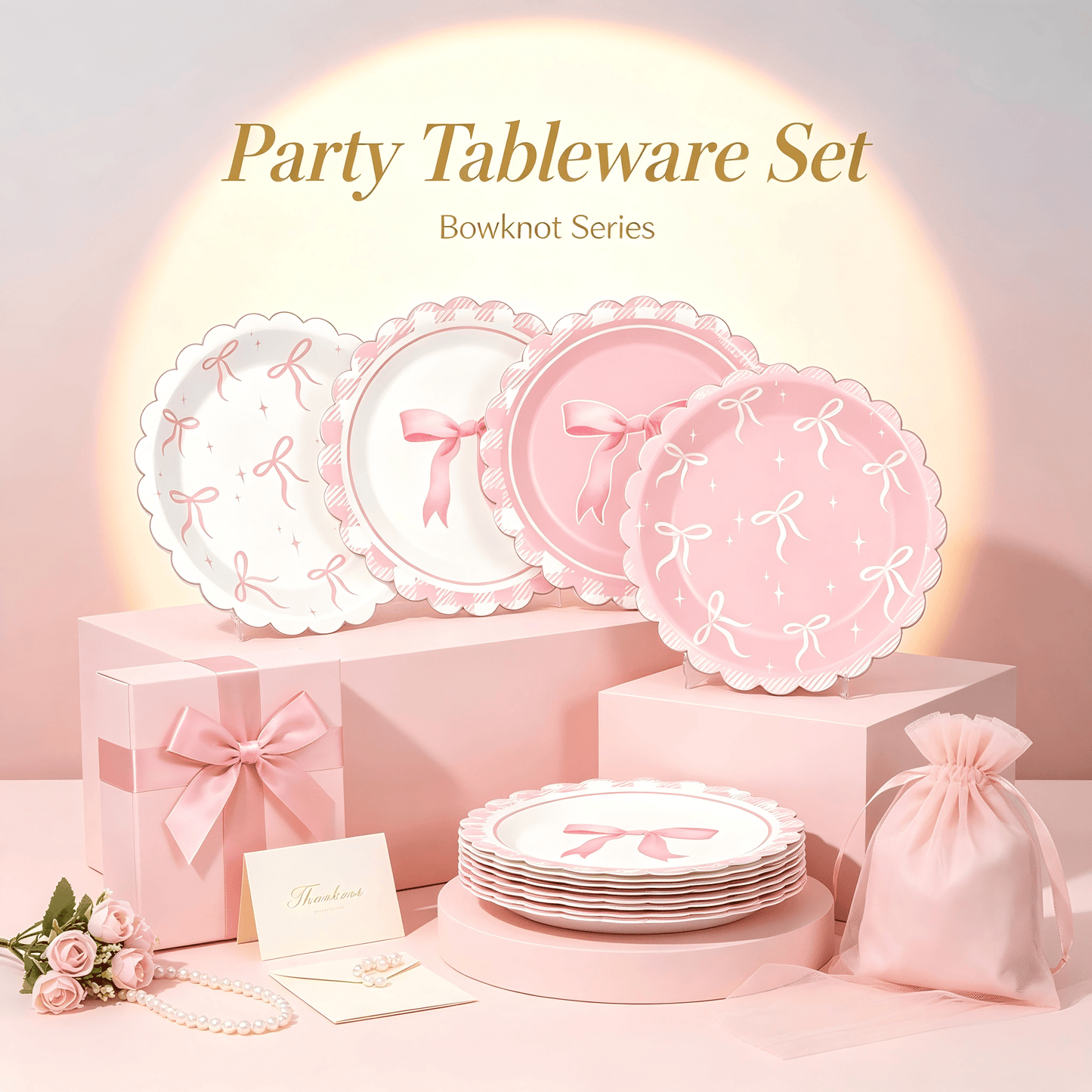 12/24/32pcs Pink Coquette Bow Party Paper Tableware Set, Includes 7-Inch Bow Plates And Decorative Accents, French Chic Birthday Party Supplies; Suitable For Girls' Birthday, Bachelorette Party, Brida