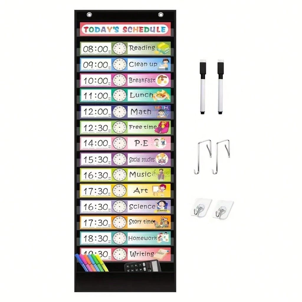 15+1 Pockets Daily Schedule Pocket Chart With 30 Pcs Double-Sided Reusable Cards, Scheduling Pocket Chart For Classroom Office Home Preschool Activity(Black)