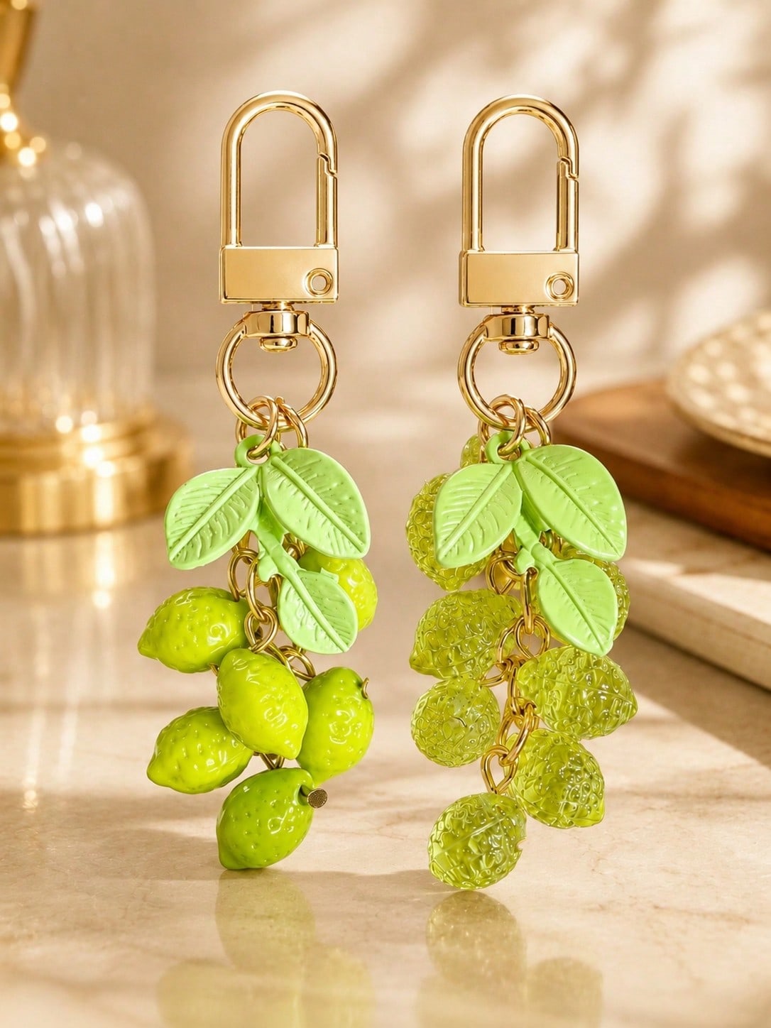1pc/2pcs Unisex Fresh Lemon Acrylic Beaded Pendant Alloy Painted Leaf Charm Keychain Summer Fresh Bag Pendant