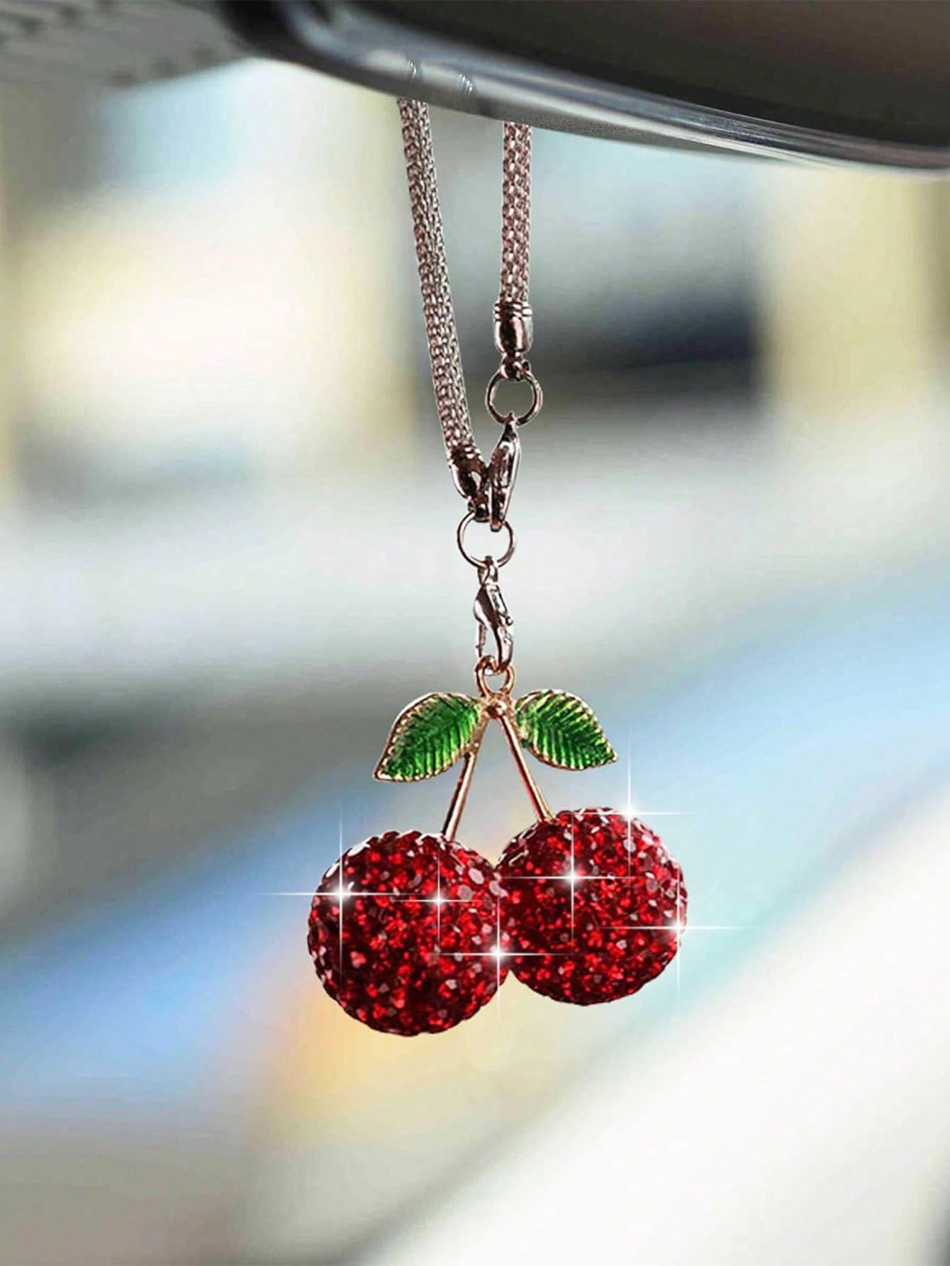 1pc Car Rearview Mirror Cherry Rhinestone Decorative Pendant For Women's Interior Decoration Accessories