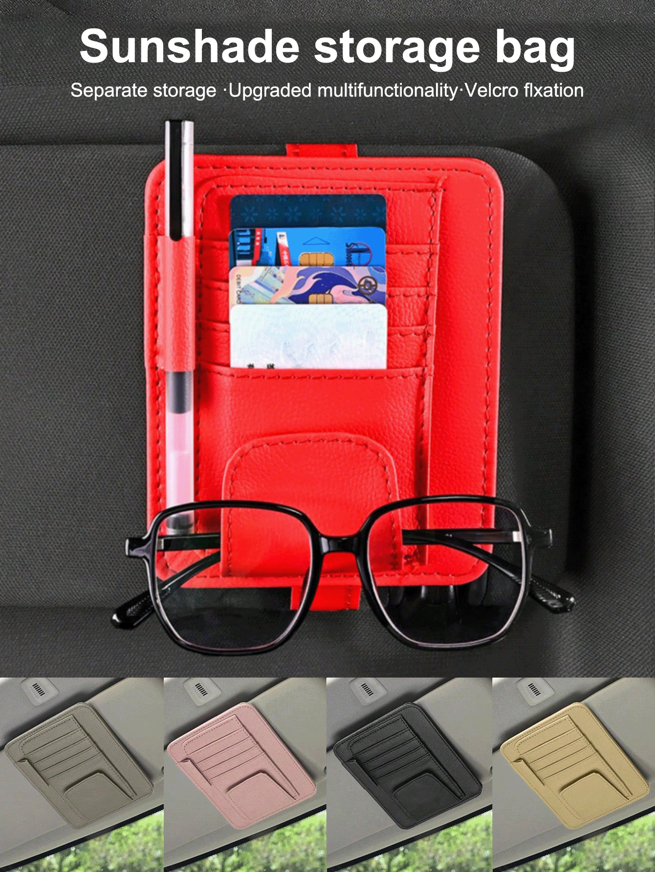 1pc Car Sun Visor Organizer- Multi-Pocket Storage Pouch With Sturdy Visor Holder| Keeps Sunglasses, Documents, Cards, Pen, Driver's License Tidy| Multifunctional Auto Interior Accessory For Cars, T