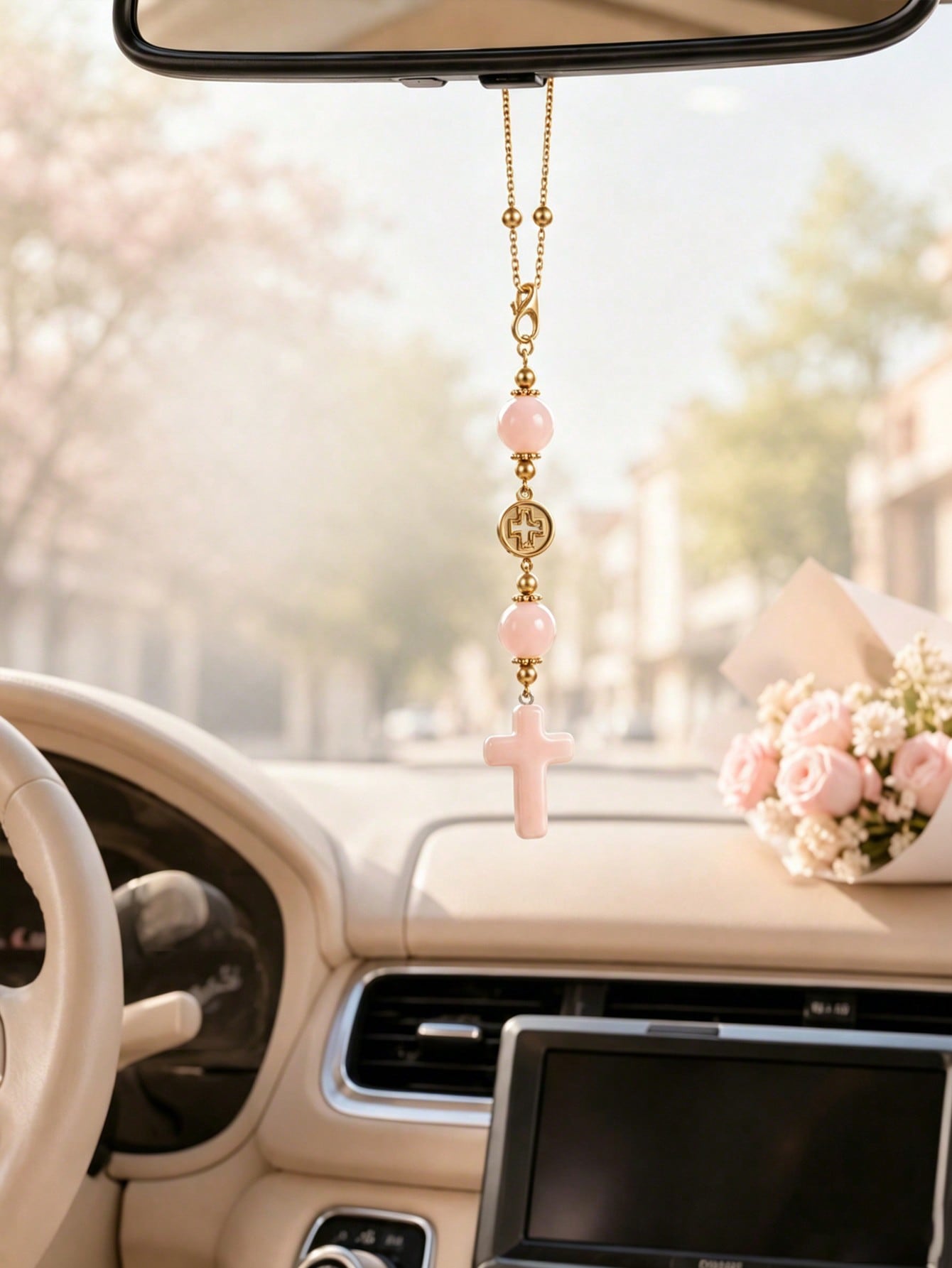 1pc Cross Car Hanging Ornament Set With Gold Chain And Rose Quartz Beads, Round Religious Cross Pendant, Minimalist Cute Christian Car Interior Decor, Bohemian Style Car Rearview Mirror Accessory, Ros