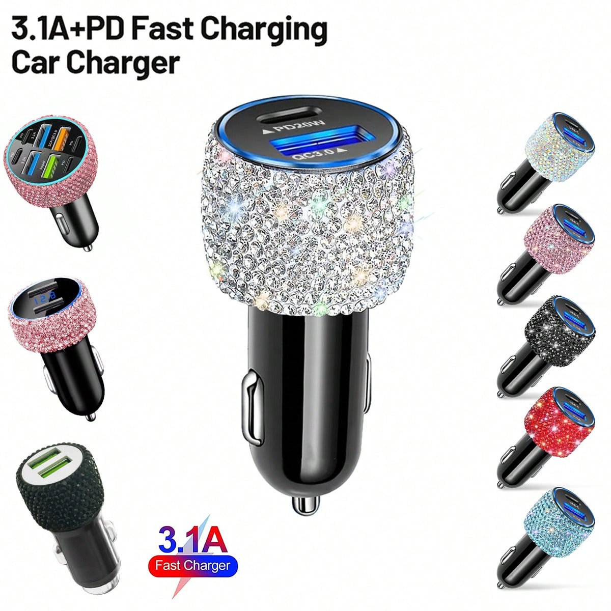 1pc Diamond Bling Bling 2/4/6/8 Port Rhinestone Car Charger, 3-In-1 Charging Cable, Fast Charging, Type C, USB, Car Adapter, USB A To Type C, Type C To Type C Compatible With Phone, Dash Cam, GPS, Men