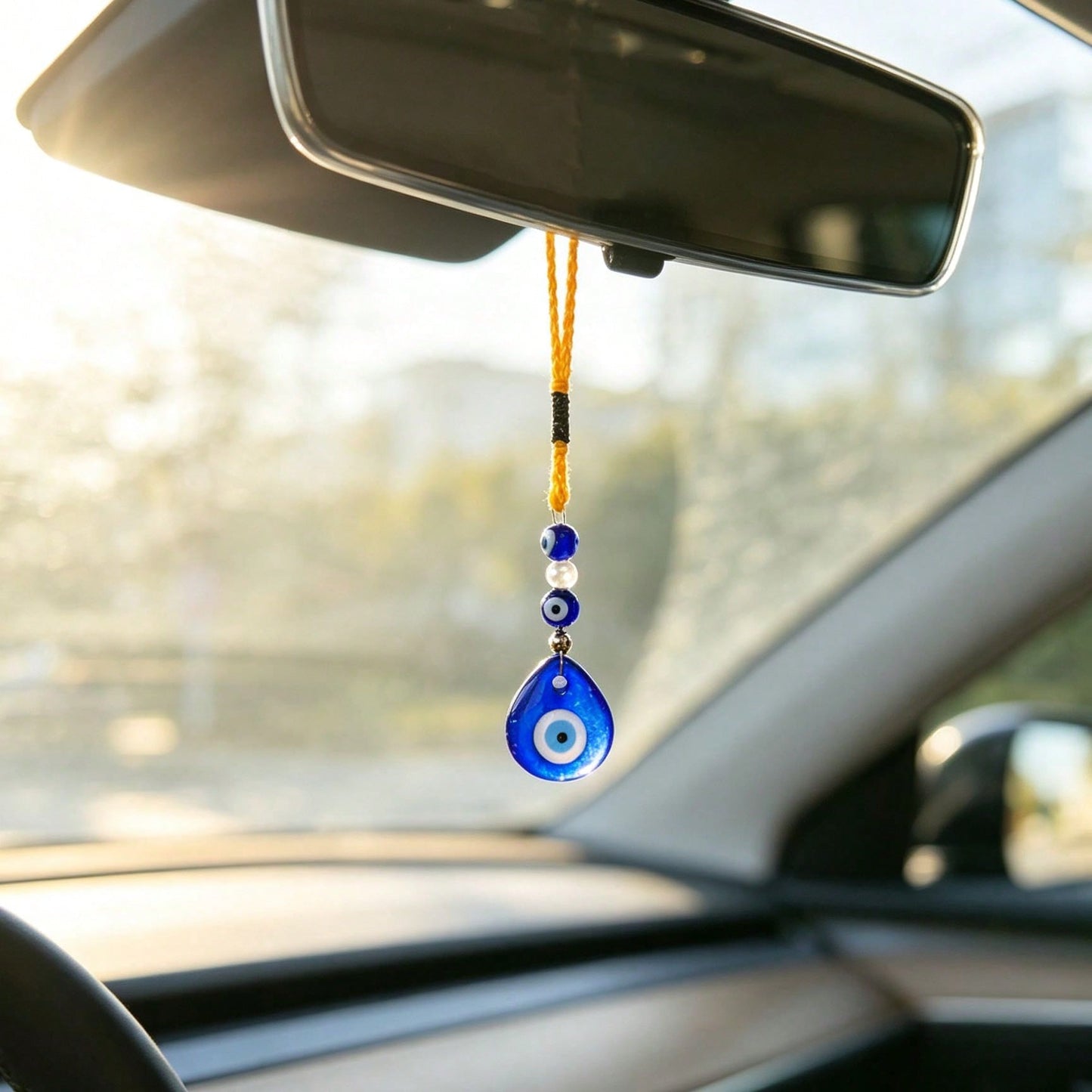 1pc Evil Eye Glass Bead Braided Rope Car Rearview Mirror Hanging Ornament, Bohemian Style Auto Interior Decor Vehicle Accessory