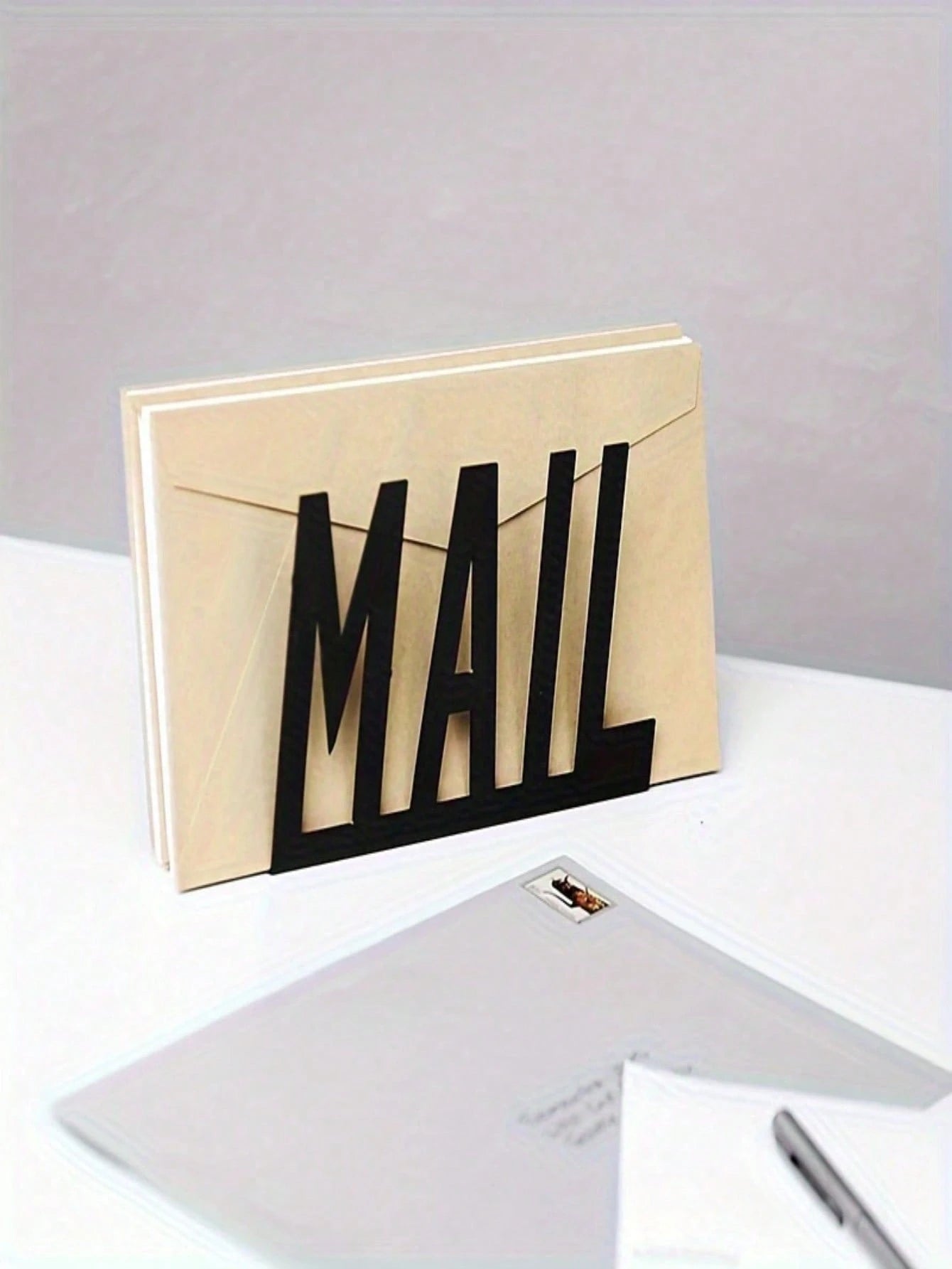 1pc Modern Black Metal Mail Organizer- Hollow Letter Design, Desktop File & Envelope Holder, Home Or Office Decor