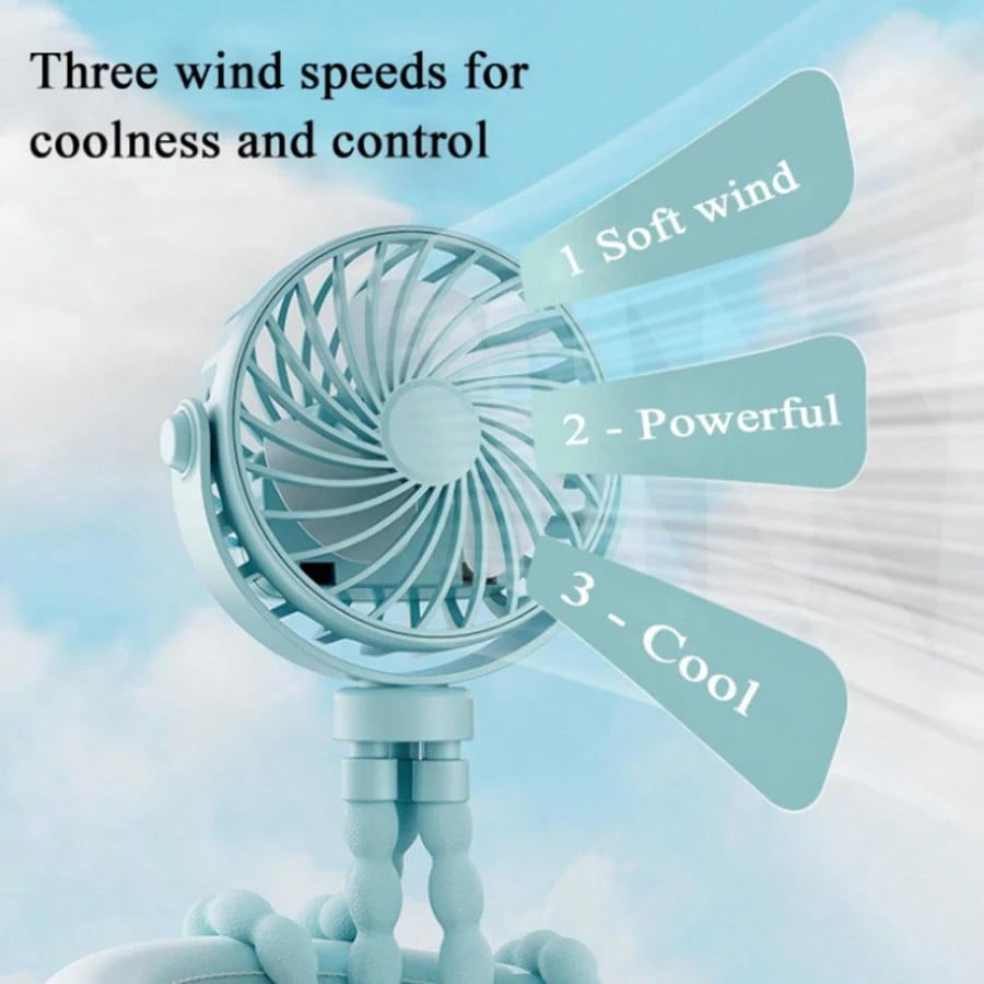 1PC Octopus Stroller Fan, USB Rechargeable Mini Portable Fan With LED Night Light, 3 Speed Adjustable Quiet Handheld Foldable Fan, Angle Adjustable Personal Cooling Fan For Baby Stroller, Car, Camping