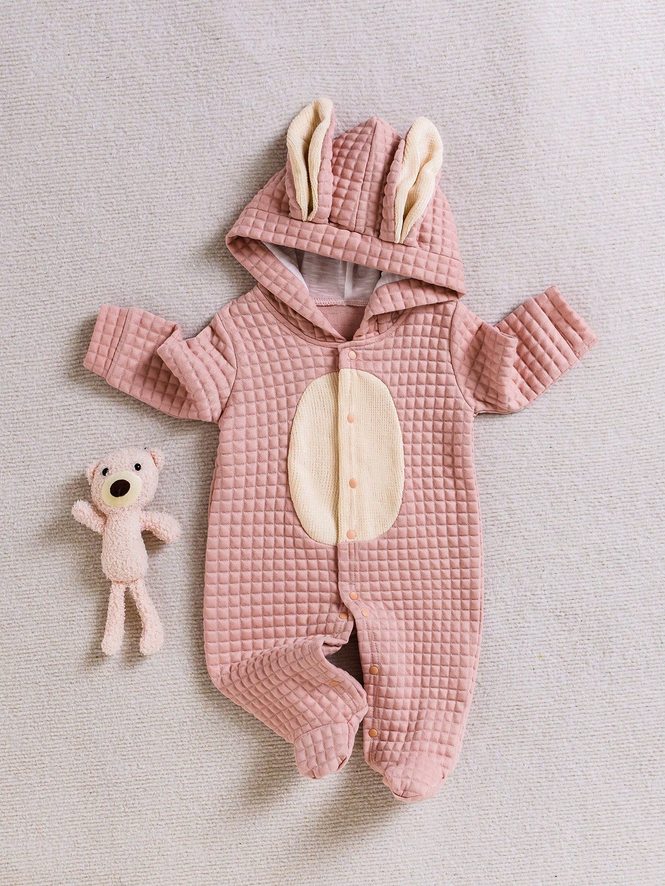 1pc Pink 3D Bunny Ear Design Cute Plush Infant One-Piece Pajamas, Suitable For Autumn/Winter