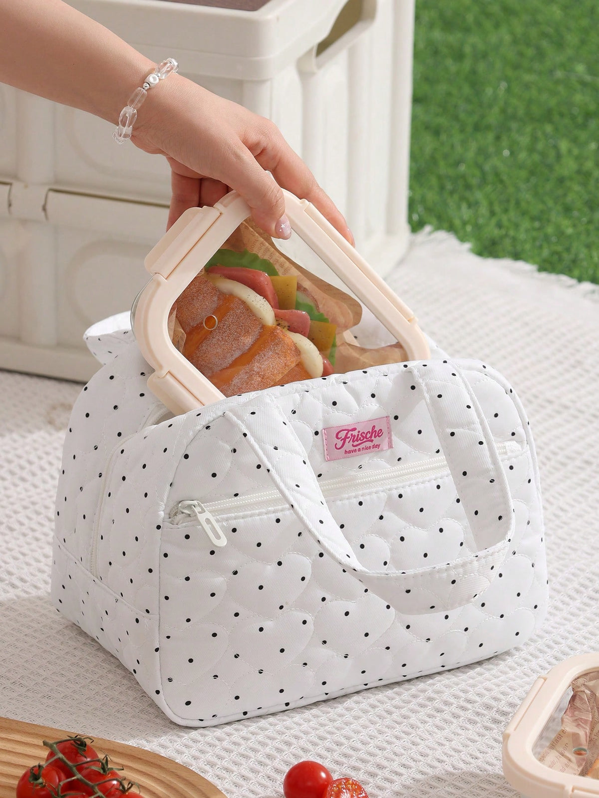 1pc Polka Dot & Bow Print Soft Fluffy Insulated Lunch Bag, Large Capacity Multi-Pocket Portable Bento Bag, Commute School Picnic Thermal Handbag, Fashionable Highly Attractive College Style, Cute Food