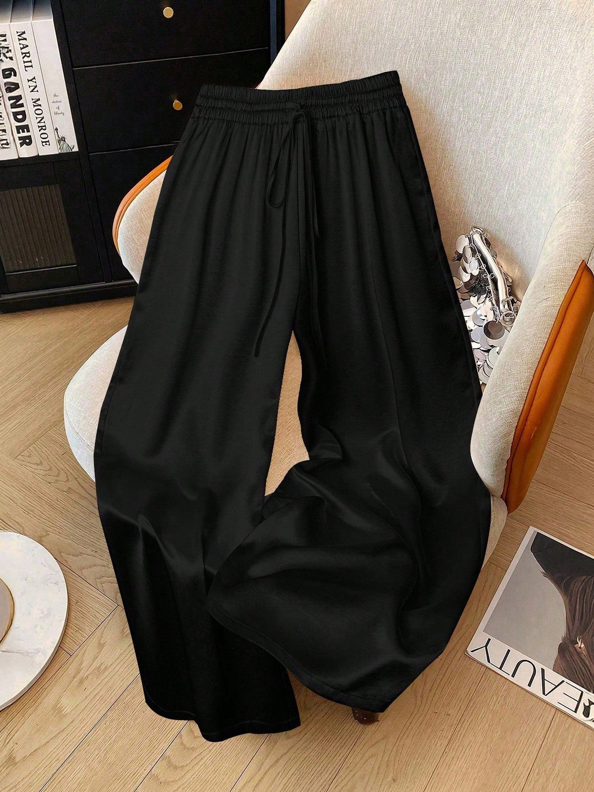 1pc Solid Color Woven Fabric Drawstring Waist Pants, Suitable For Holiday, School, Party, Airport, Stage And Concert Wear, Autumn/Winter With Shiny Finish Black Spring