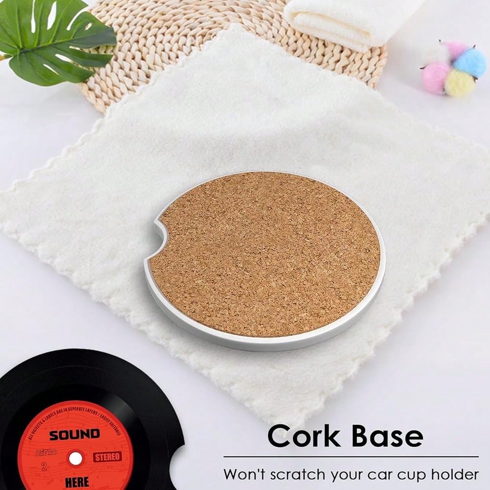 2 Pack Car Coaster, Absorbent Ceramic Stone Cork Base Drink Coasters 2.6 Inch, Music Rock Roll Disco Beer Auto Accessories Cup Holders