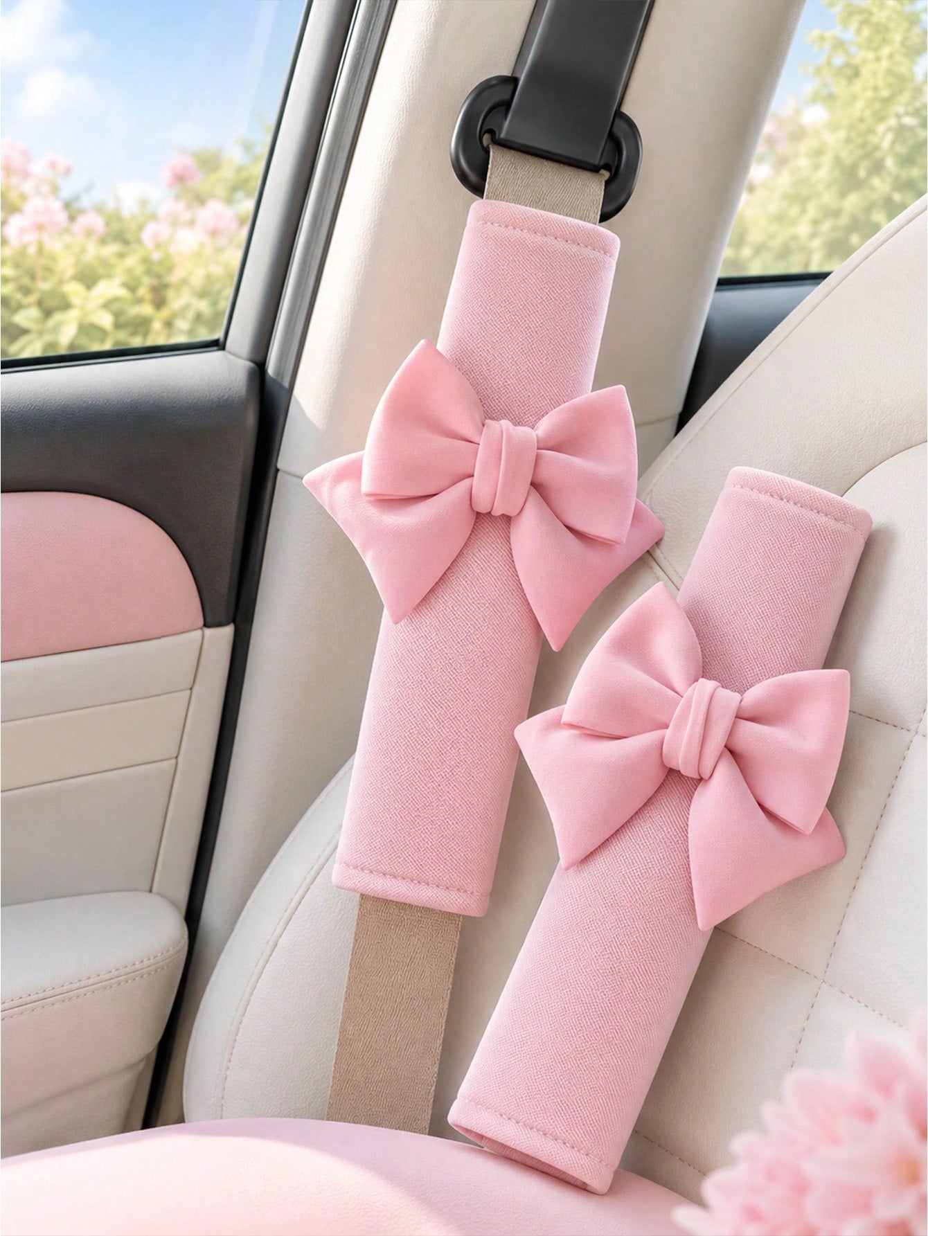 2pcs Car Seat Belt Leather Shoulder Protector Cute Bow Car Decoration Car Protection Cover,Deluxe Pink Seat Belt Shoulder Pads Bow Knot Car Seatbelt Cushion Set For Lady Driver Daily Driving Anti Fric