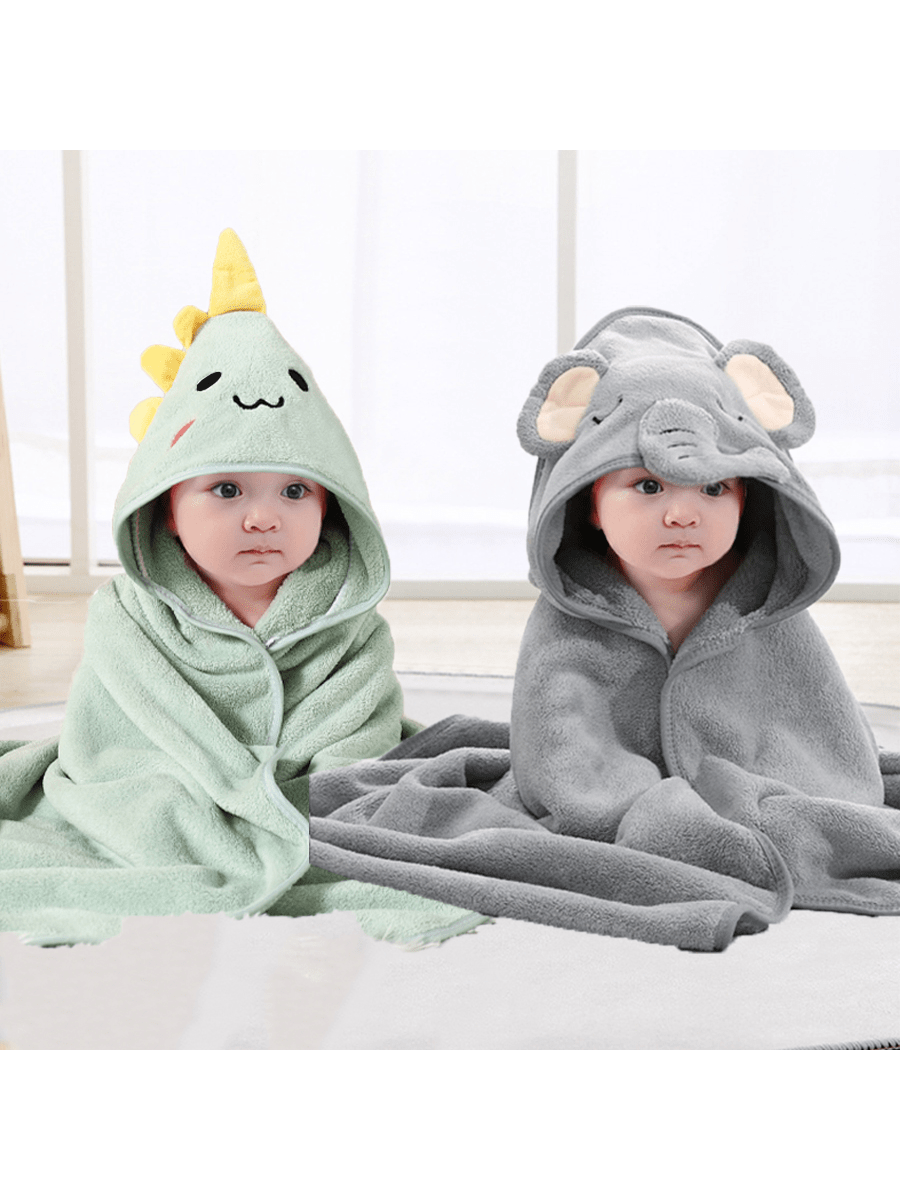2pcs Neutral Baby Animal Face Hooded Towels, Unique Animal Design Soft Newborn Baby Cape, All Seasons Coral Fleece Cartoon Bathroom Wrap Bath Towel For Children