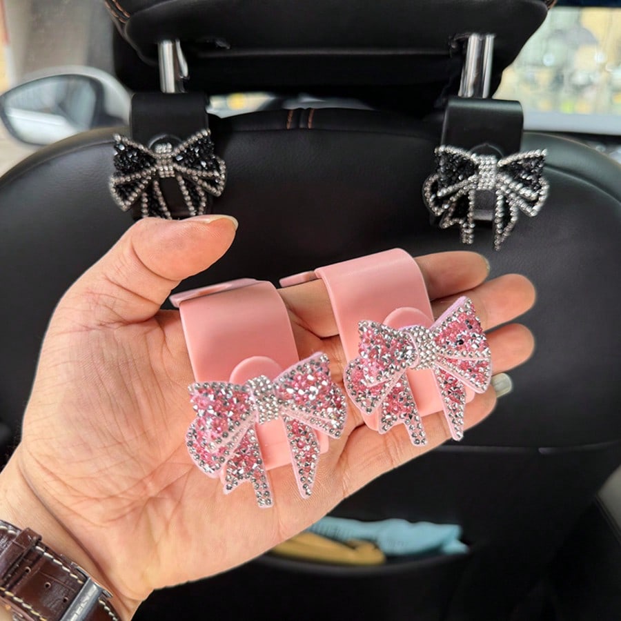 2pcs Rhinestone Bow Car Seat Hooks, Women's Girly Car Backseat Storage Hooks, Car Interior Accessories