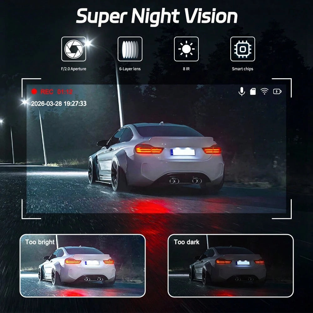 3 Channel 1080P WIFI Dashcam, 3.0" IPS Screen, IR Night Vision, 180mAh Battery, 12-24V Car Power Adapter, Loop Recording DVR