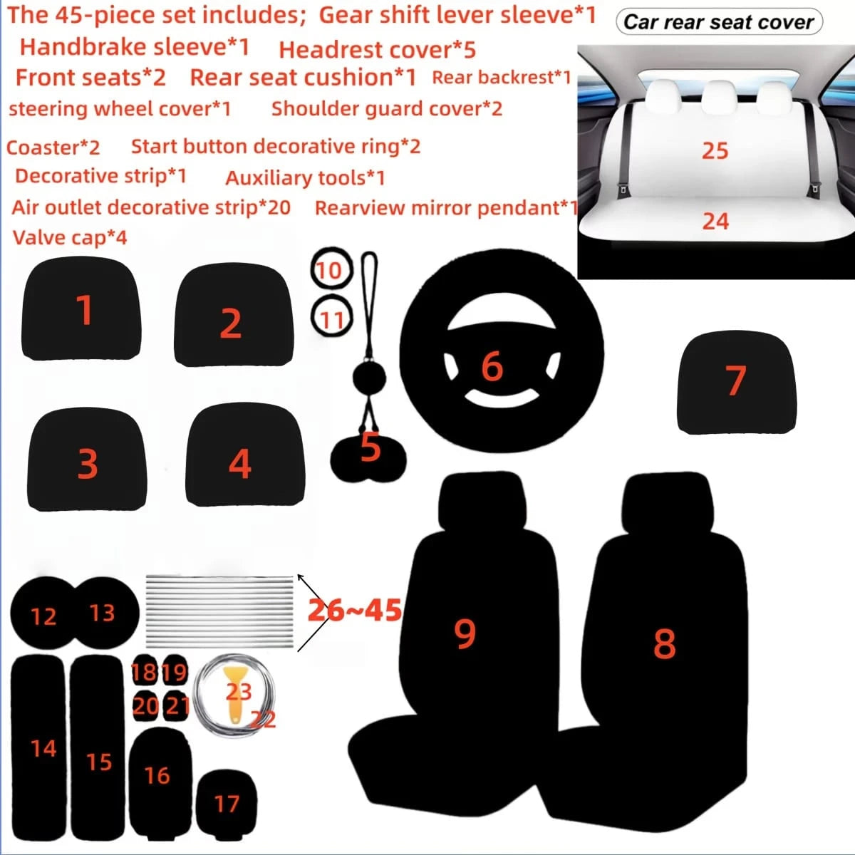 35-Piece Car Seat Cover Set With Steering Wheel Cover, Cup Holder Coasters, Shoulder Pads, And Accessories- Polyester Fabric Interior Decor Kit Without Filler