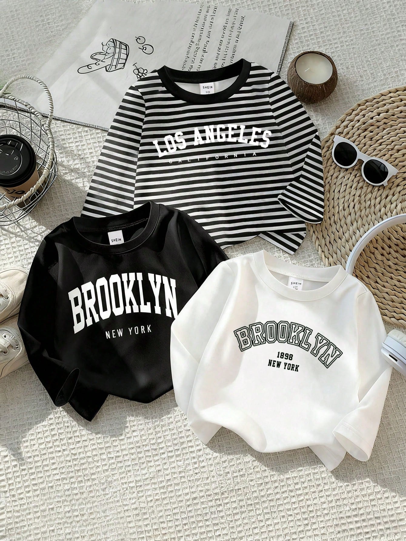 3pcs/Set Baby Boy Infant Toddler 6M-3T English Graphic Black And White Striped Long Sleeve T-Shirts Autumn Casual Carrer Day Back-To-School Tops