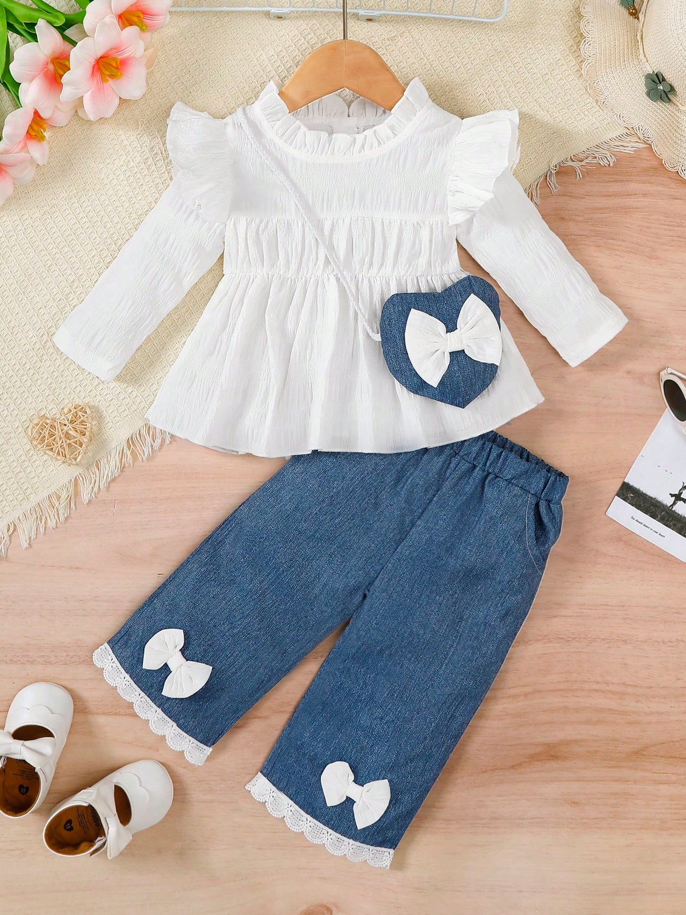 3pcs/Set Baby Girl Casual Fashion White Double Ruffle Sleeve T-Shirt, White Lace Hem Pants With Bow Decor & Pockets, Blue Long Pants Outfit With Crossbody Bag