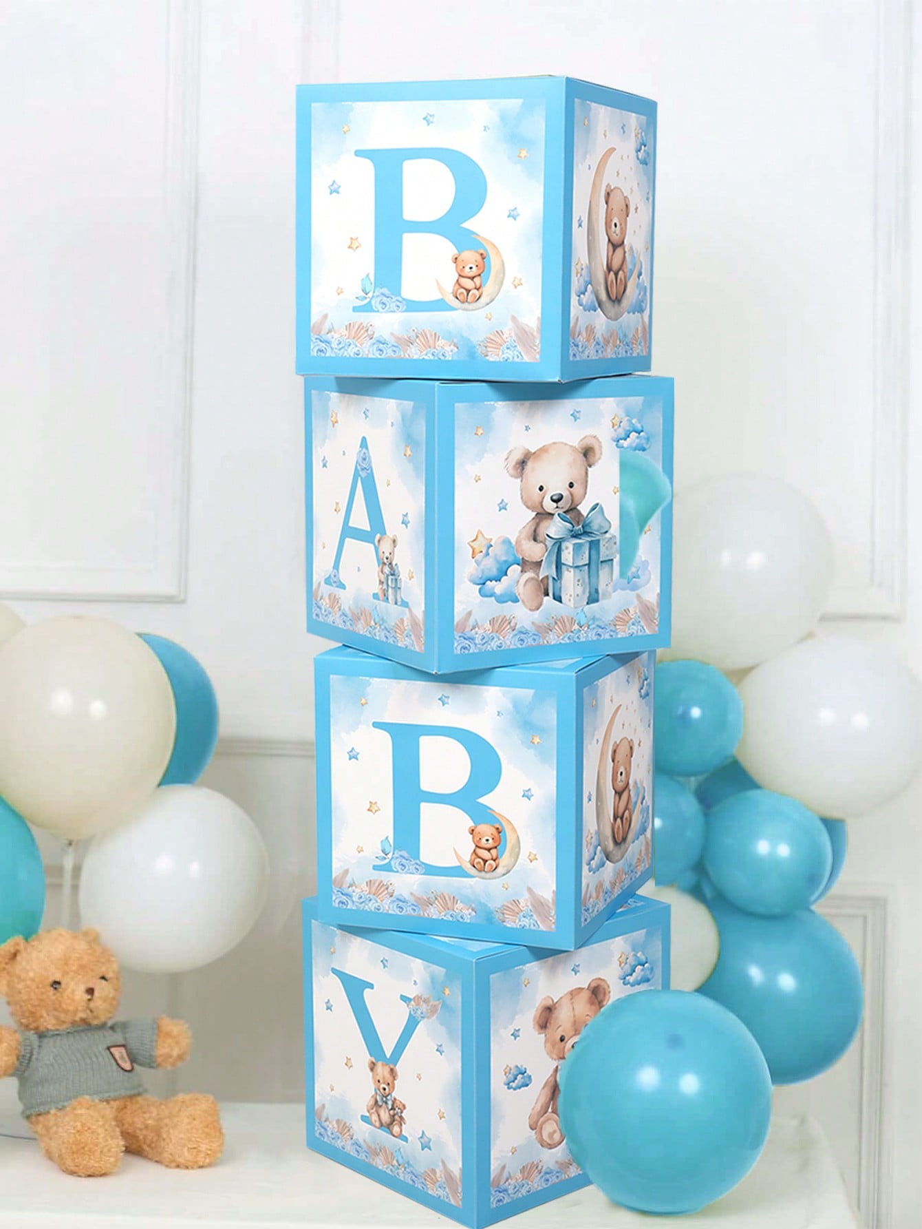 4pcs Cute Bear Theme Gender Reveal Decoration Balloon Box, Adorable Blue Bear Pattern, Suitable For Baby Shower, Newborn Boy/Girl Party Decor, Gender Reveal Party Decoration Gift Box, Baby Party Photo