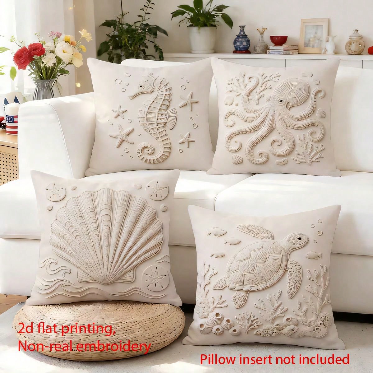 4pcs Ocean Coral & Starfish Theme Single-Sided Printed Throw Pillow Covers, Soft & Comfortable Polyester Cushion Covers, 45x45cm (17.72x17.72inch), Zipper Closure, Machine Washable, Suitable For Home