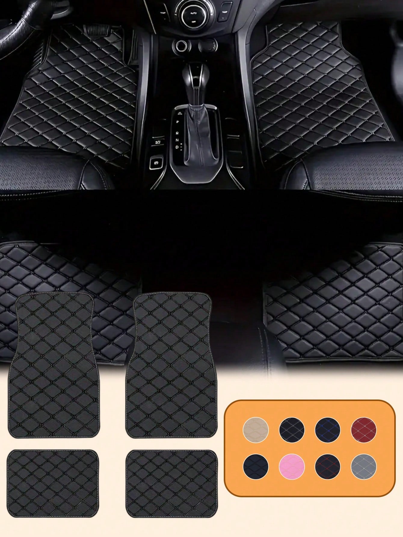 4Pcs/Set Universal Car Floor Mats Set For Right-Hand Drive Vehicles – PVC Leather Surface With Stylish Quilted Pattern, Water & Stain Resistant, All Season Use, Deep Edges To Trap Dust Mud And Water