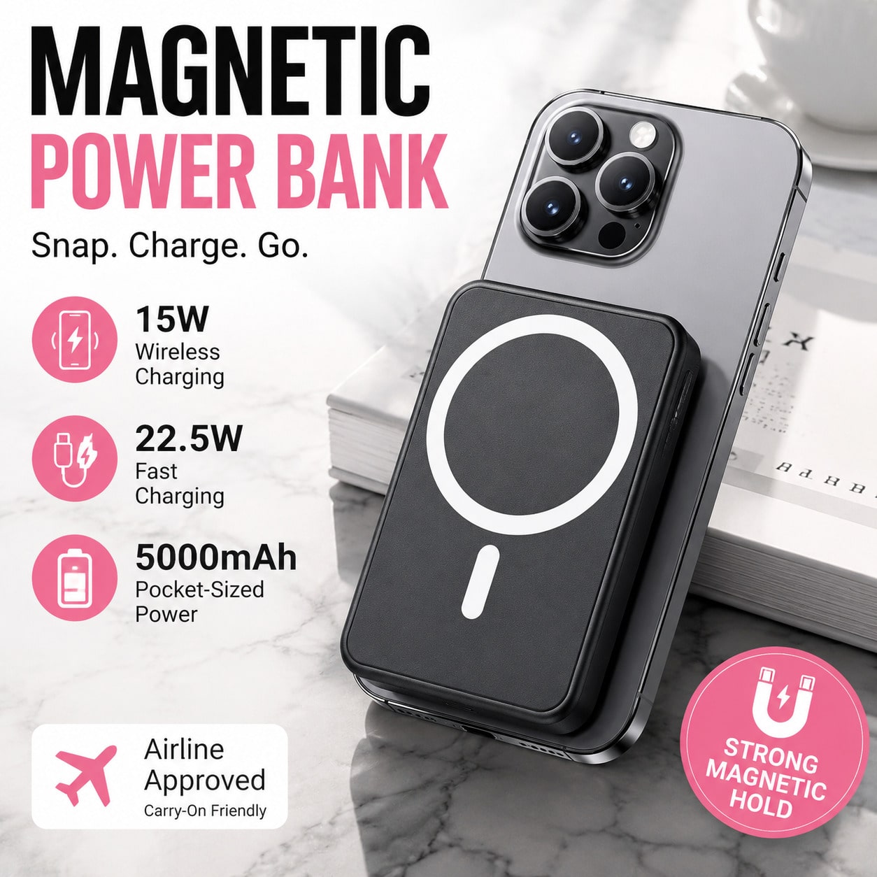 5000mAh Lightweight Magnetic Portable Charger, Ultra Slim Wireless Power Bank With Card Wallet, 15W Wireless Charging & 22.5W Wired Fast Charging, Compact Battery Pack For IPhone 12 13 14 15 Pro Max P