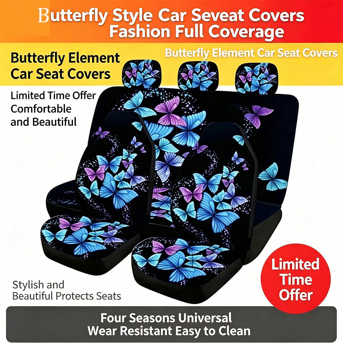 5pcs Car Seat Covers, Blue Butterfly Print, Car Interior Decor, Cushion Cover, Suitable For SUV & Sedan, Universal Fit, Breathable, Anti-Dust, Car Accessories, Suitable For Ladies & Gentlemen, All Sea