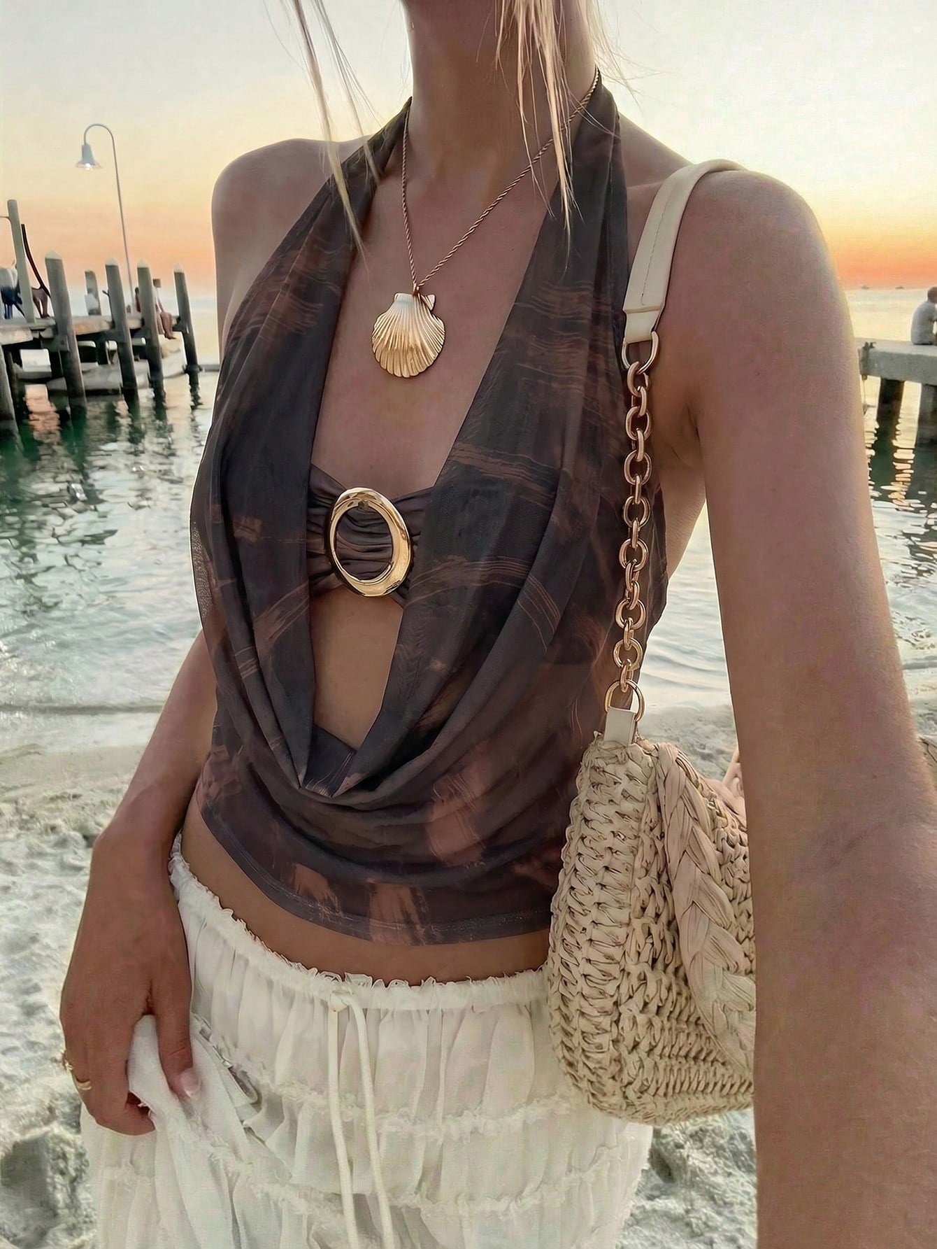 Aloruh Women's Spring/Summer New Tie-Dye Print Bohemian Tank Top, Cowl Neck 2 In 1 Top, Music Festival & Streetwear Top