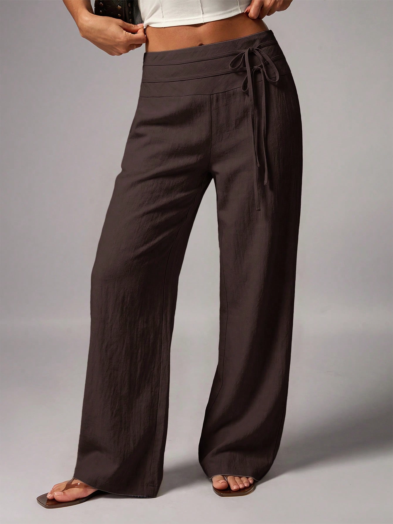 Avenya Linen Casual Loose Waist Tie Decor Floor Length Pants Vacation Dark Brown Autumn