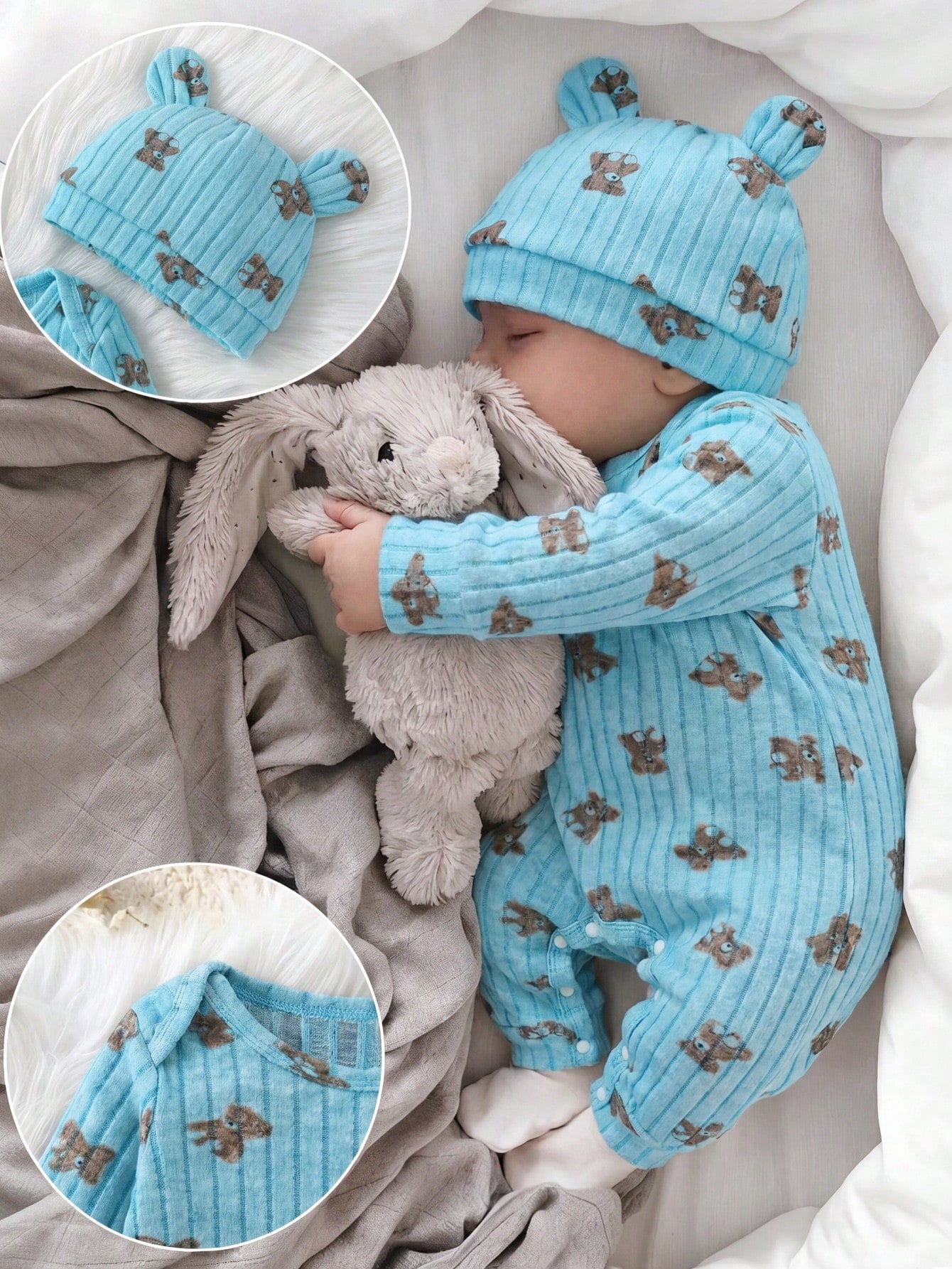 Baby Boy 2pcs Set Casual Cute Long Sleeve Bear Print Jumpsuits Autumn/Winter Outfit Clothings