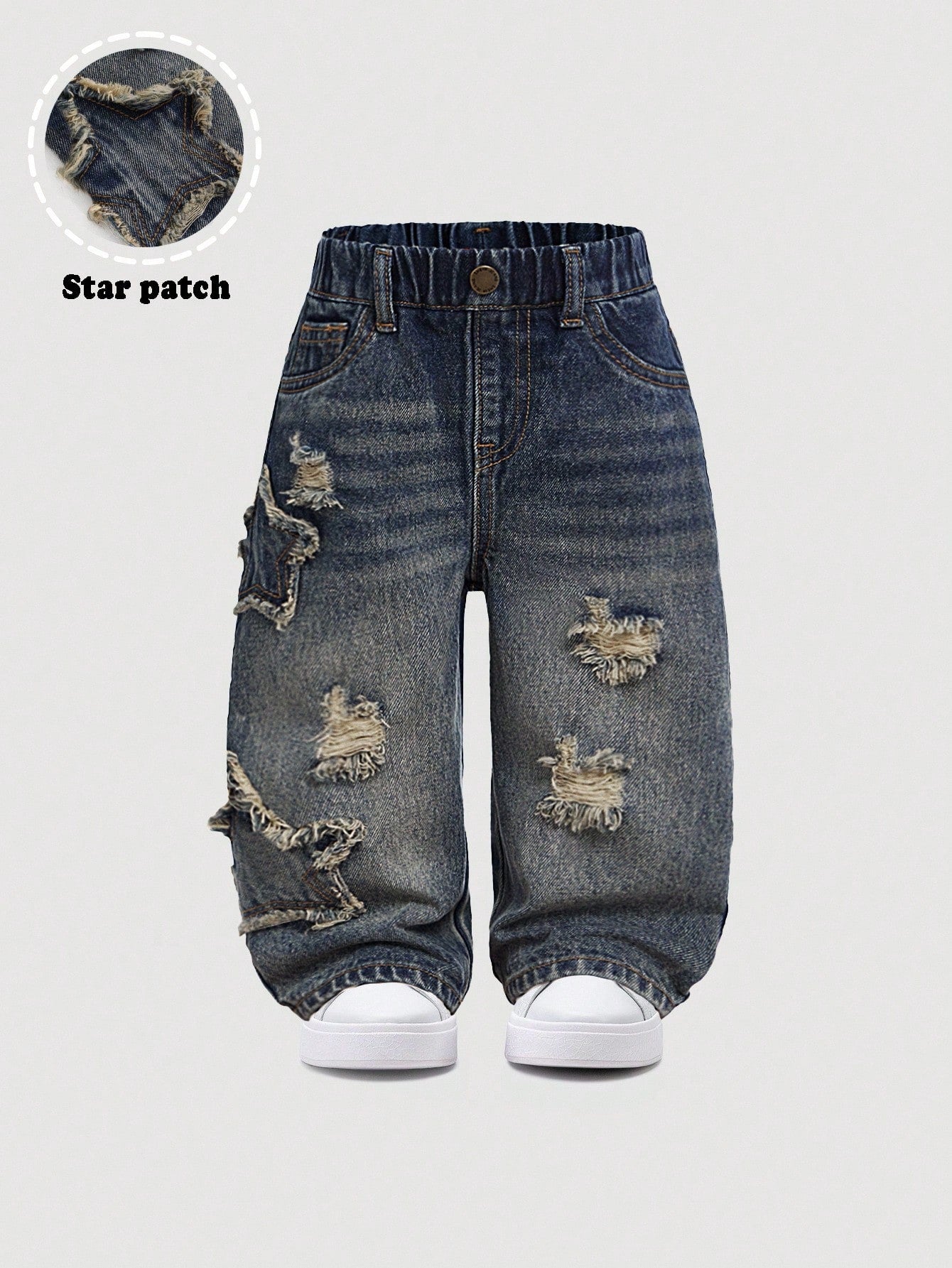 Baby Boy Casual Cute Vintage Star Design Fringed Ripped Loose Fit Blue Jeans,For Fall/Winter Outdoor Wear And Daily Wear