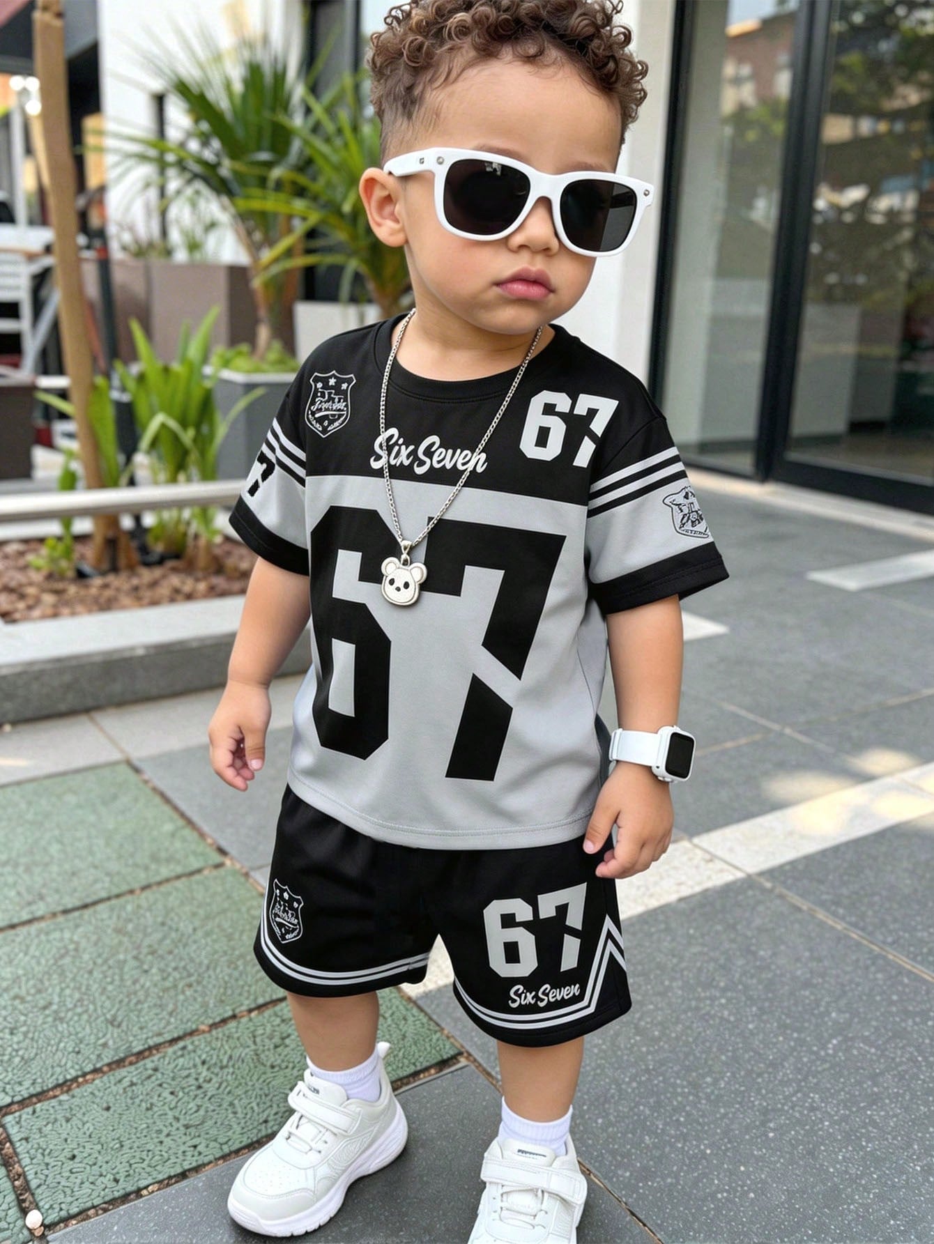 Baby Boy Casual Minimalist T-Shirt Set Suitable For Summer,Classic Cool Digits 6,7,Six,Seven,Sports Baseball Outfit