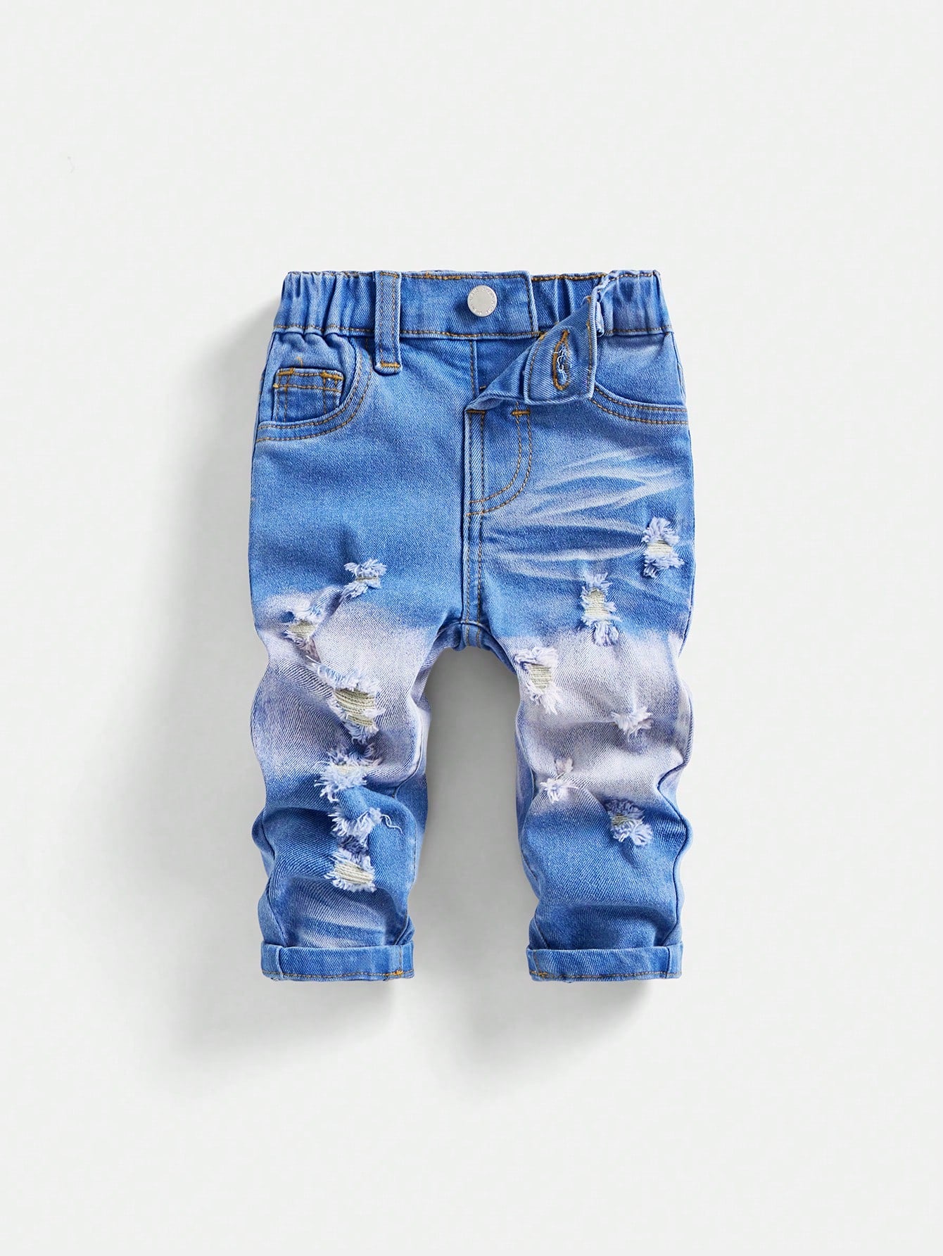 Baby Boy Spring Summer Fashionable Stonewashed Ripped Frayed High Stretch Slim Fit Blue Jeans, For Spring/Summer Streetwear Spring Break