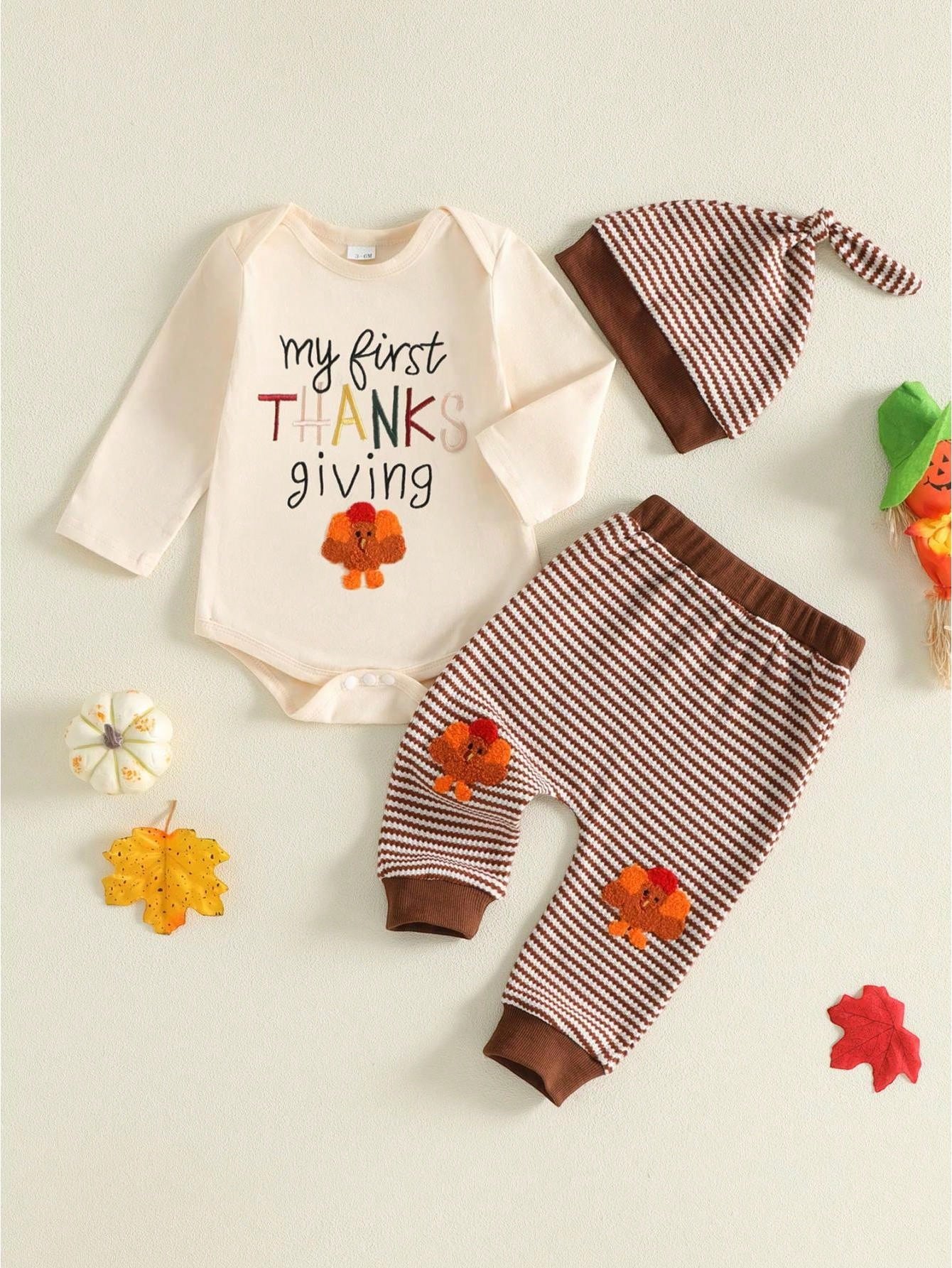 Baby Boy Thanksgiving Letter Embroidery Romper Pants Set With Hat- Long Sleeve Outfit For Party Fall Daily