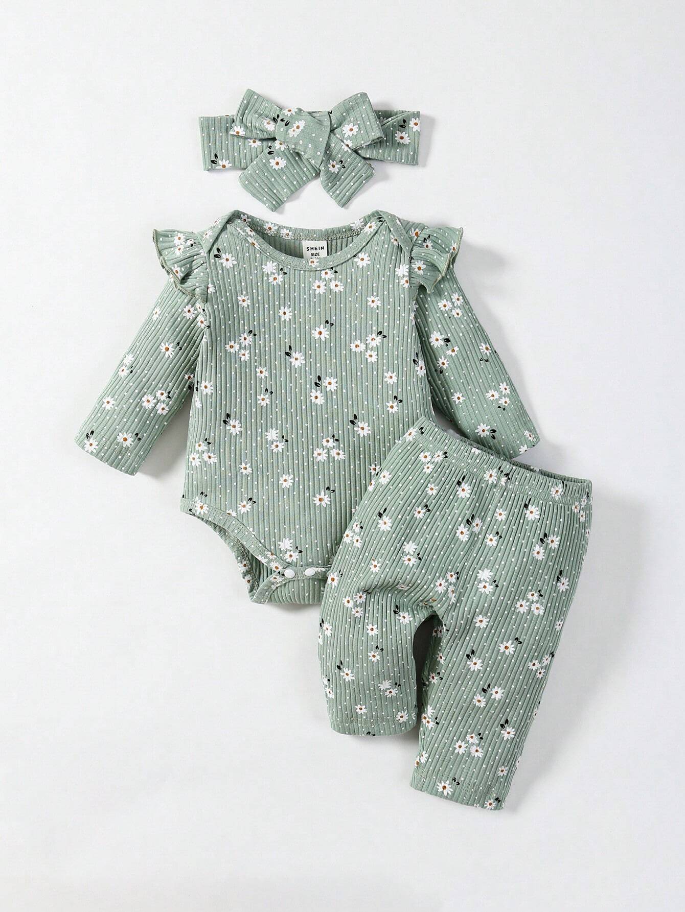 Baby Girls' Flower Printed Round Neck Long Sleeve Bodysuit And Pants Casual Outfit