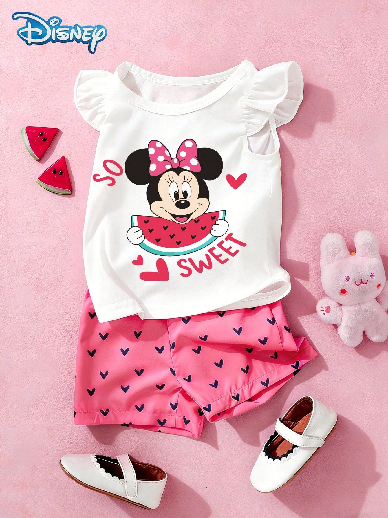 Baby Girls Tank Top Set, Summer Disney Sweetheart Style, Cap Sleeve Watermelon Minnie Mouse Tank Top + All-Over Heart Print Pink Shorts, Casual Daily Wear, Travel, Vacation, Party, Suitable For Girls