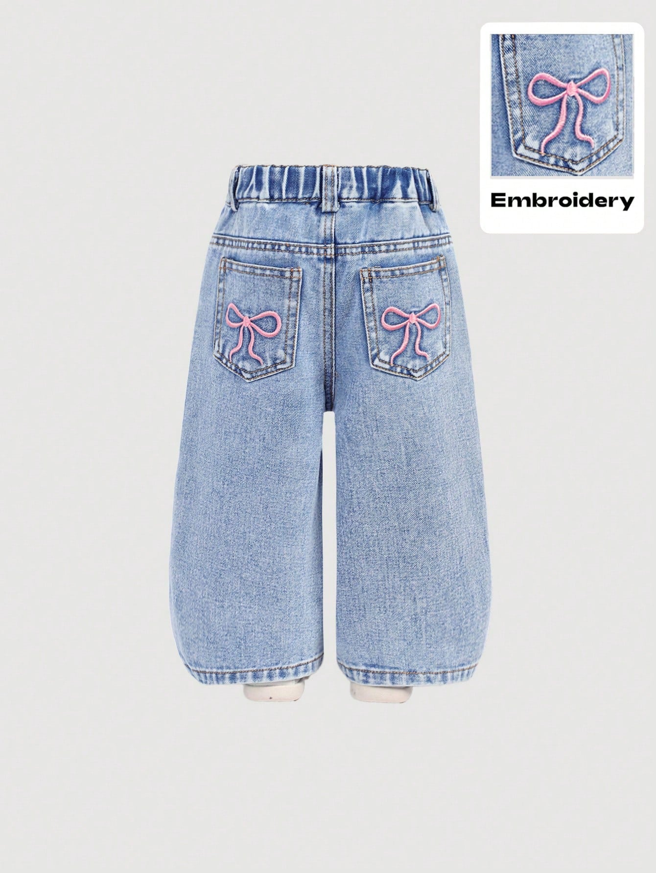 Baby Girls Y2K Loose Flared Leg Jeans With Cute Embroidered Bow Decor, Pink,Kid Girls Spring And Summer Casual Vacation Hobo Wear