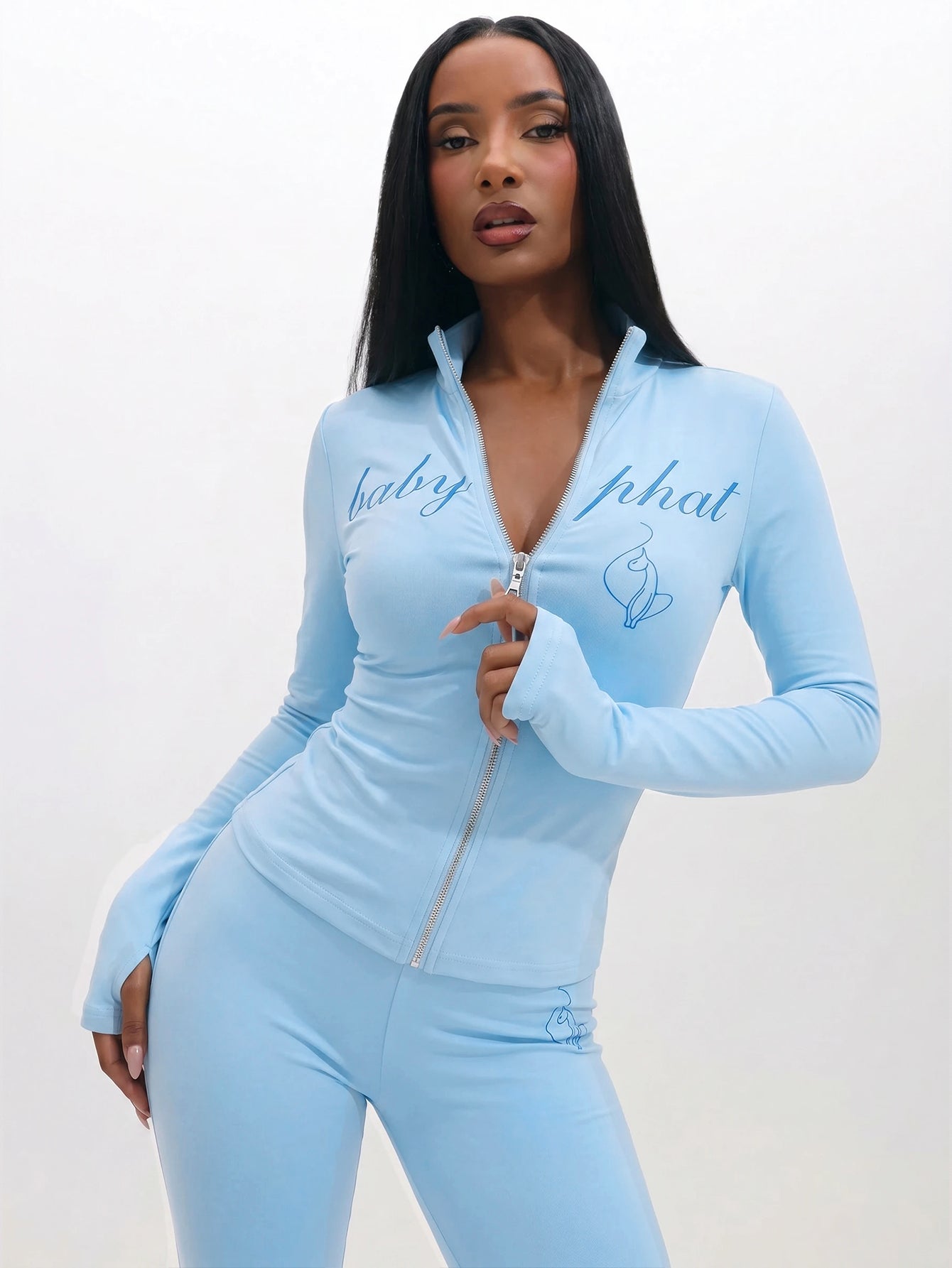 BABYPHAT Plus Size Zip Through Top With Mock Neck, Long Sleeves, Script Logo And Cat Print Fall
