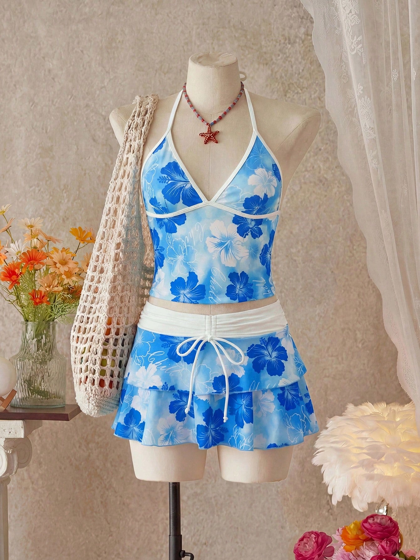 Bellisia Women's Spring/Summer Beach Music Festival Floral Print Colorblock Wrap Tie-Up Ruffle Hem Skirt Tunic 3-Piece Set