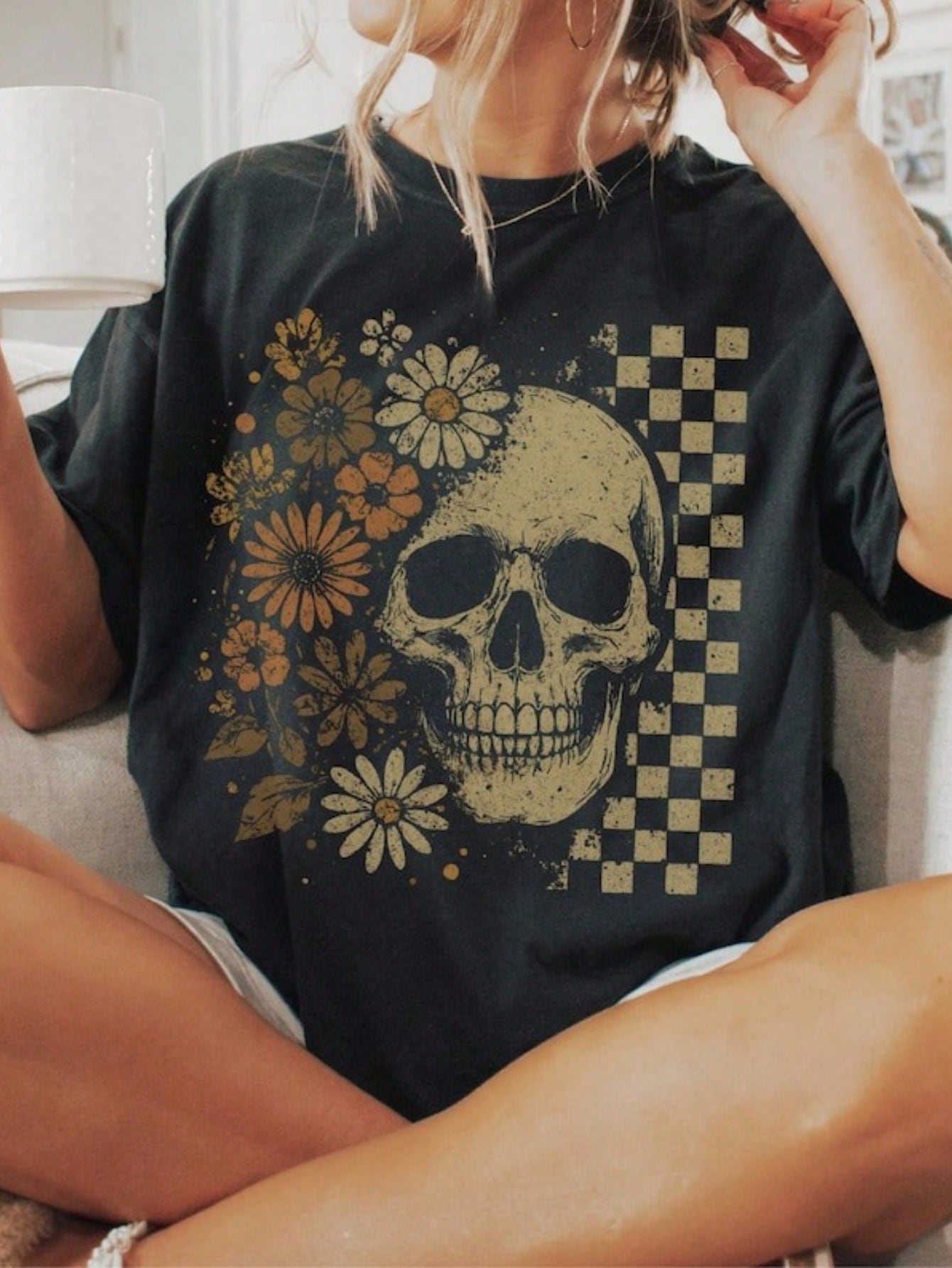 Boho Skull Graphic Tee, Vintage Grunge Tee, Retro Boho Summerween T Shirts, Cute Spooky Halloween T Shirts, Spooky Summer Shirt