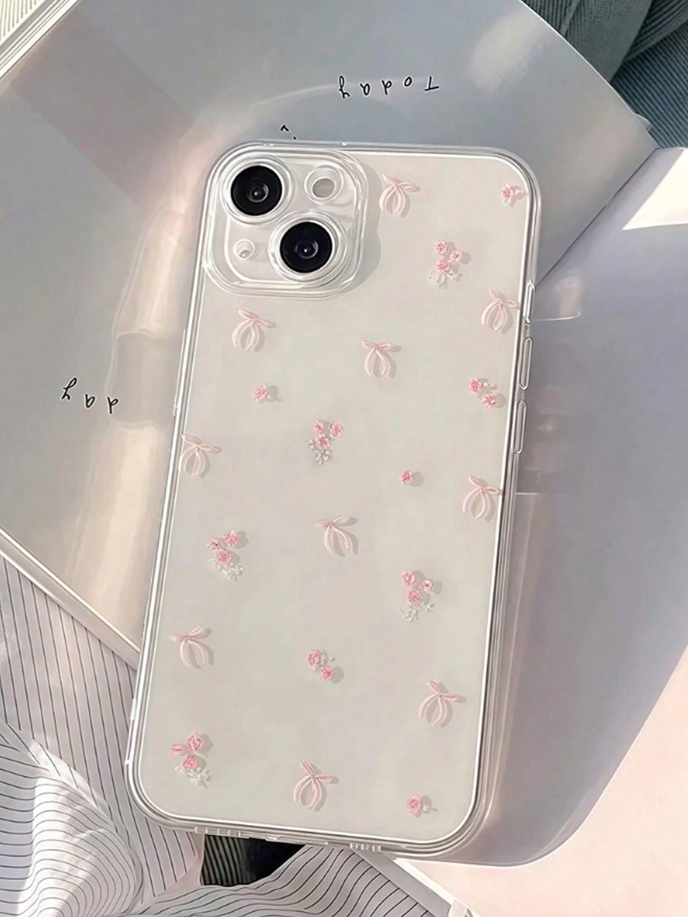 Bow-Knot Element Pink TPU Fashion Shockproof 1pc Pink Bow Pattern Transparent Full Coverage Shockproof TPU Phone Case Compatible With IPhone 16, 15, 14, 13, 12, 11 Pro Max, S24/23/22/21 Ultra, A55/54