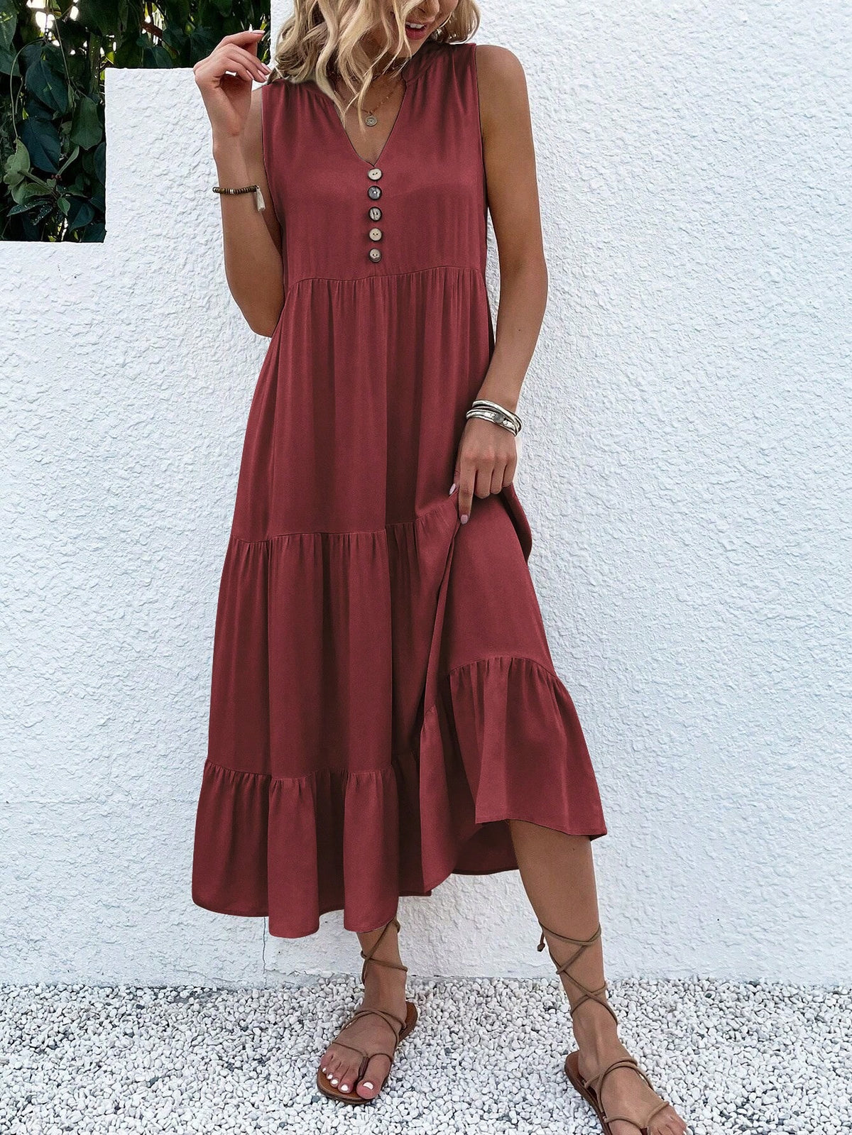Breezaya Button Detail Layered Hem Smock Dress Maxi Vacation Beach Outfits Women