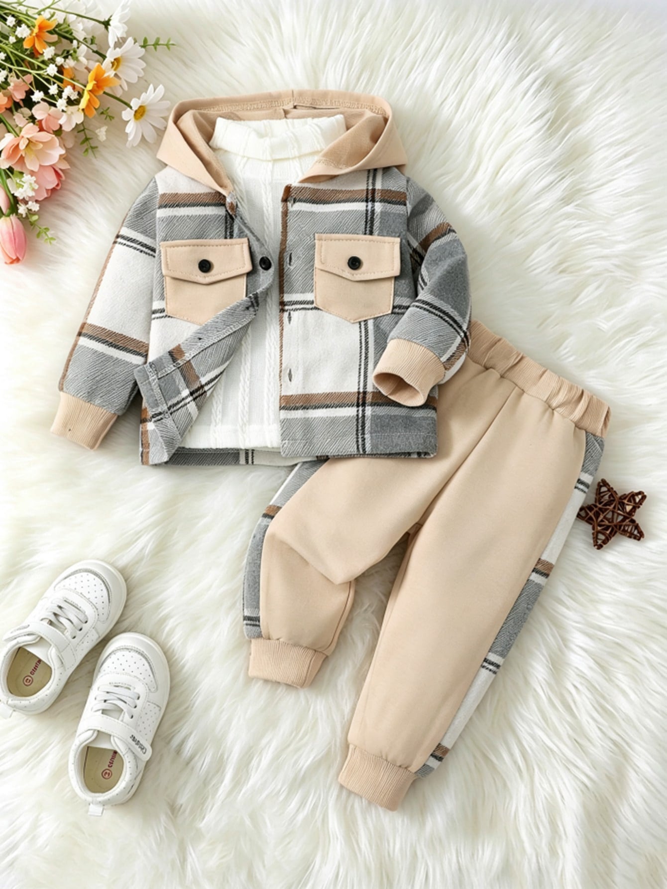 BrownBark 2pcs/Set Baby Boy Spring/Autumn Plaid Casual Outdoor Outfit, Casual Plaid Pocket Hooded Long Sleeve Shirt + Cuffed Long Pants, Versatile Daily Wear Long Sleeve Set For Baby Boys And Toddlers