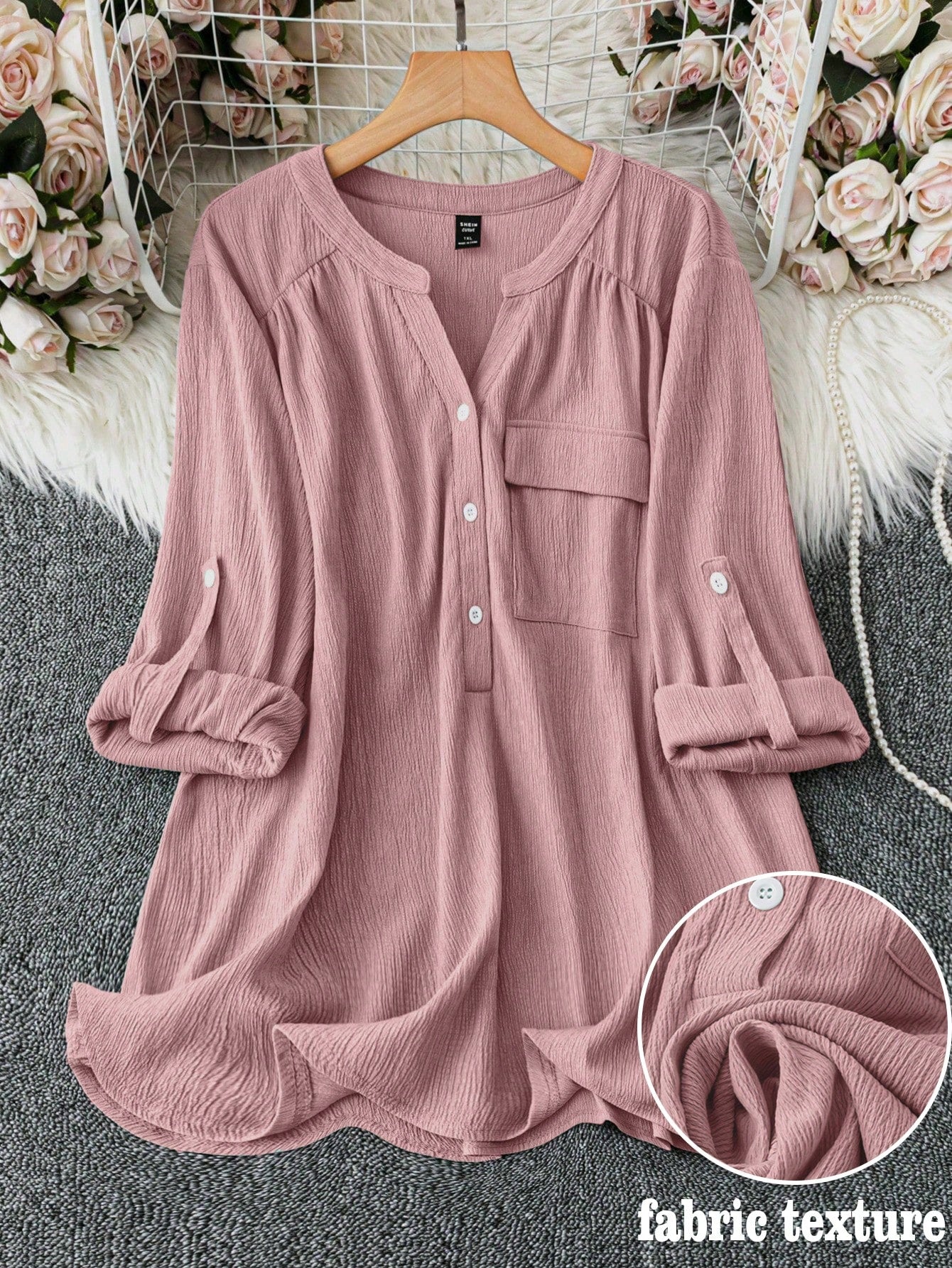 Clasi Plus Size Solid Color V-Neck With Pocket Casual Roll-Up Sleeve Shirt Fall Cloth For Women