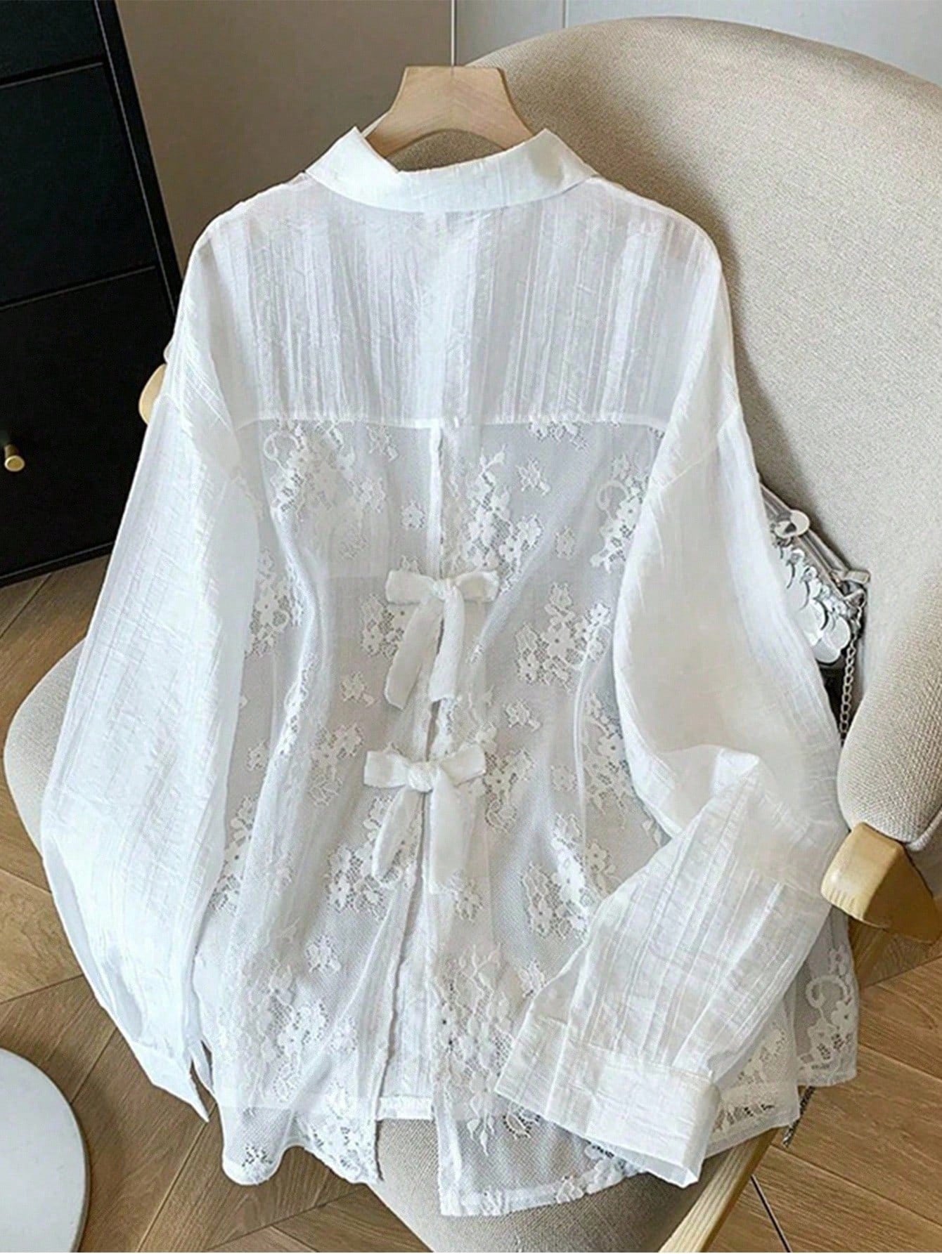 Clasi Plus Size Women's Elegant Lace Patchwork Bowknot Detail Long Sleeve Blouse