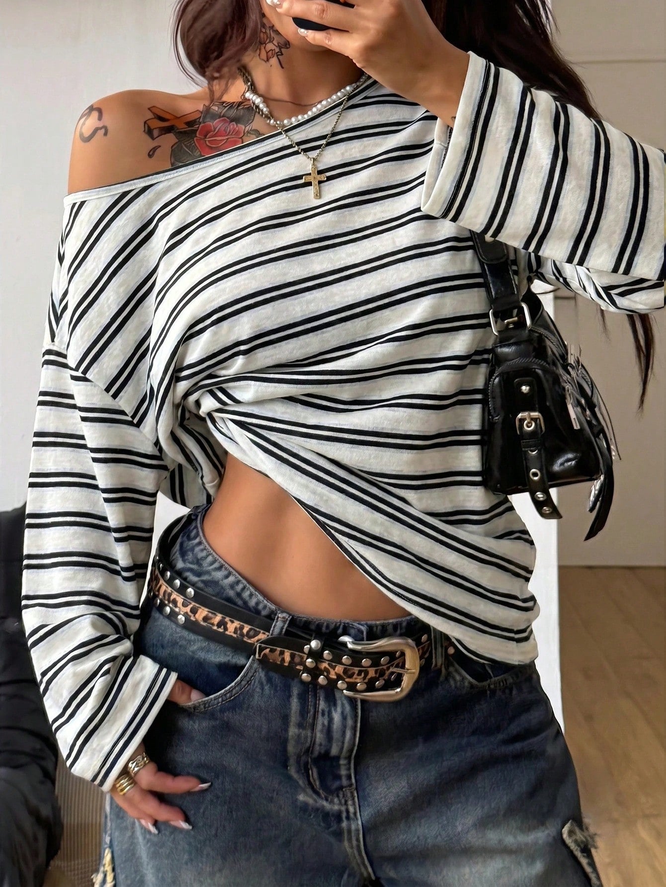 Coolane Women's Plus Size Summer Fall Streetwear Y2K Comfortable Oversize Black And White Stripe Asymmetrical Neck Knit Open Shoulder Long Sleeve T-Shirt