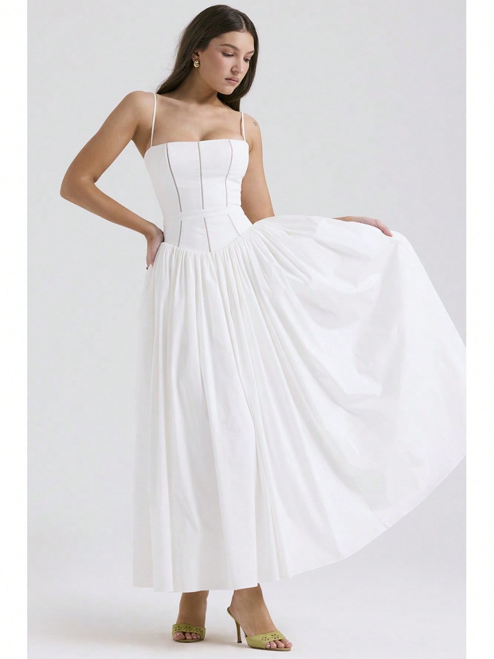 Corset Bustier Midi Dress Set, Spaghetti Strap & Puff Sleeve White Floral Sundress, A-Line Casual & Formal Gown