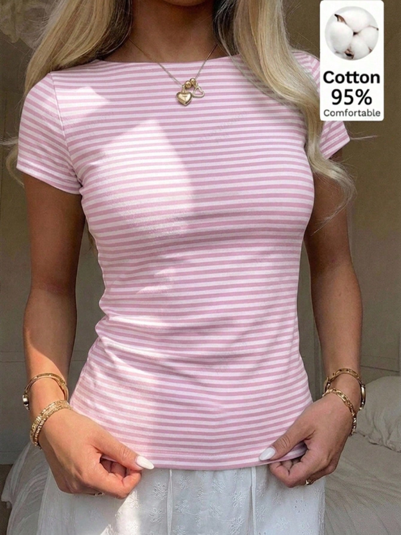 CovetEZ Casual Minimalist Sexy Pink Striped Short Sleeve T-Shirt, Suitable For Spring And Summer, Spring And Summer, Pink Stripes Make You Look Fairer