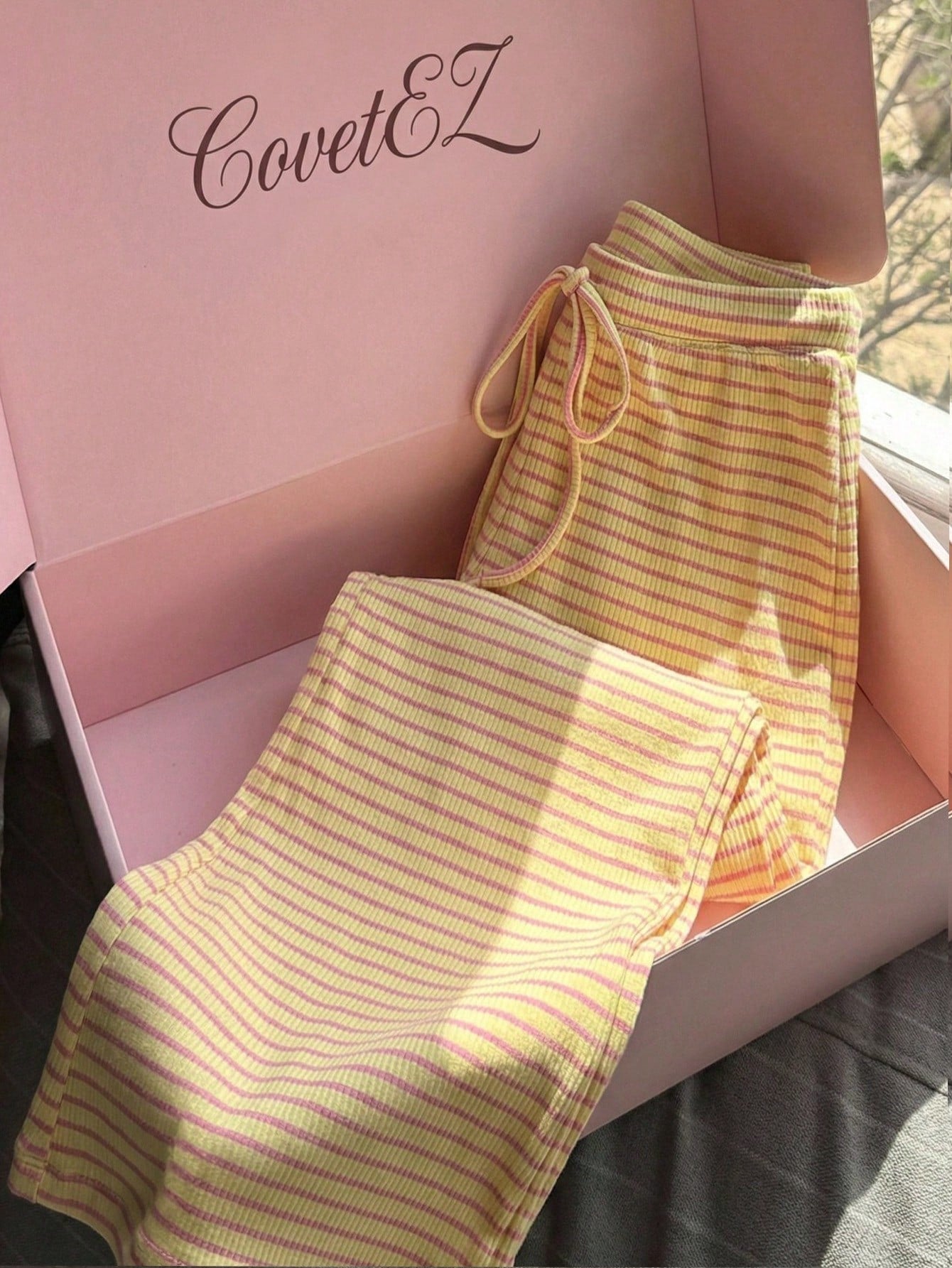 CovetEZ Women's Casual Boho Yellow Striped Print Knot Waist Flare Leg Pants